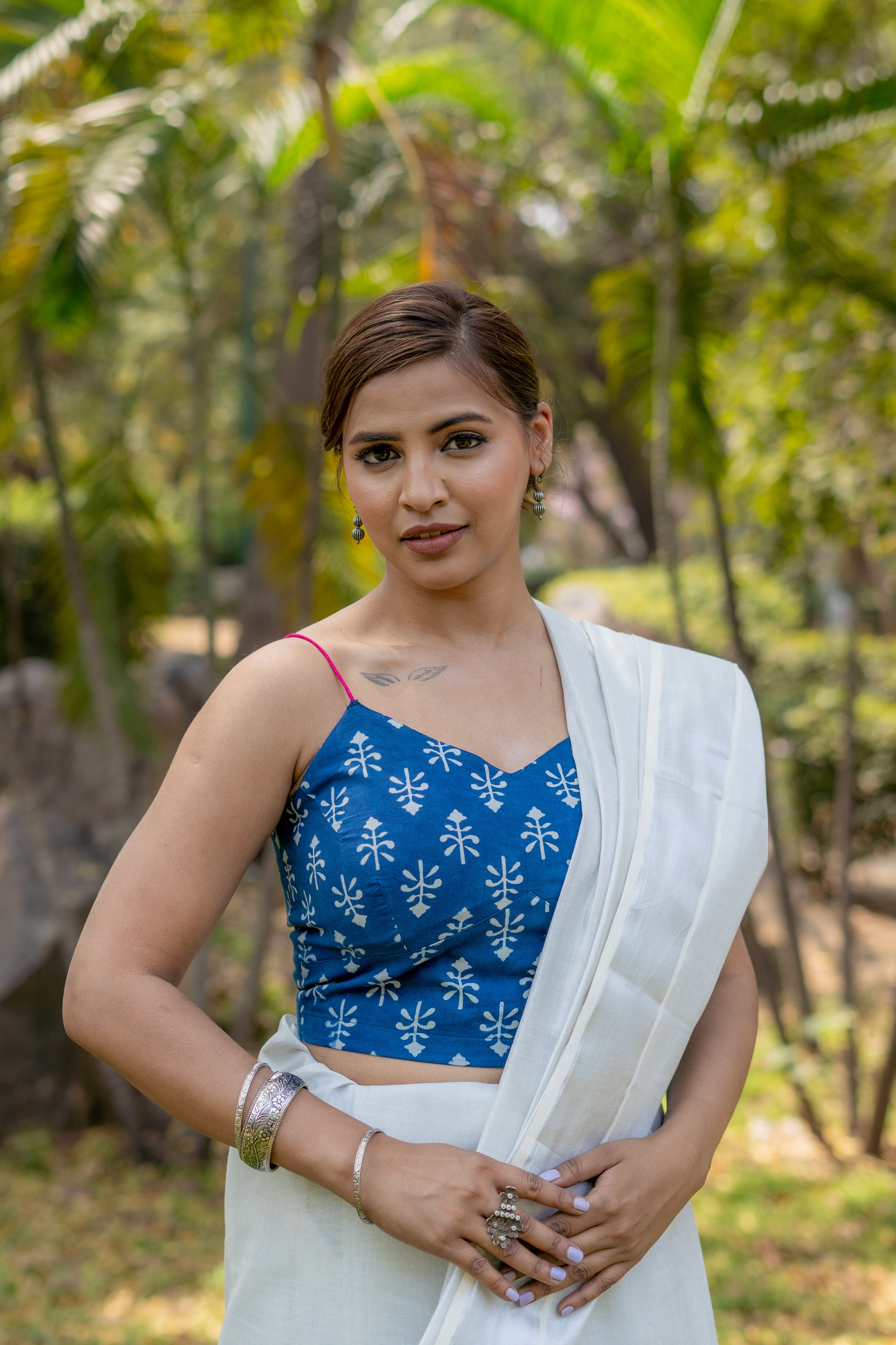 Indigo dabu booti handblock sleeveless cotton blouse with fuschia noodle strap