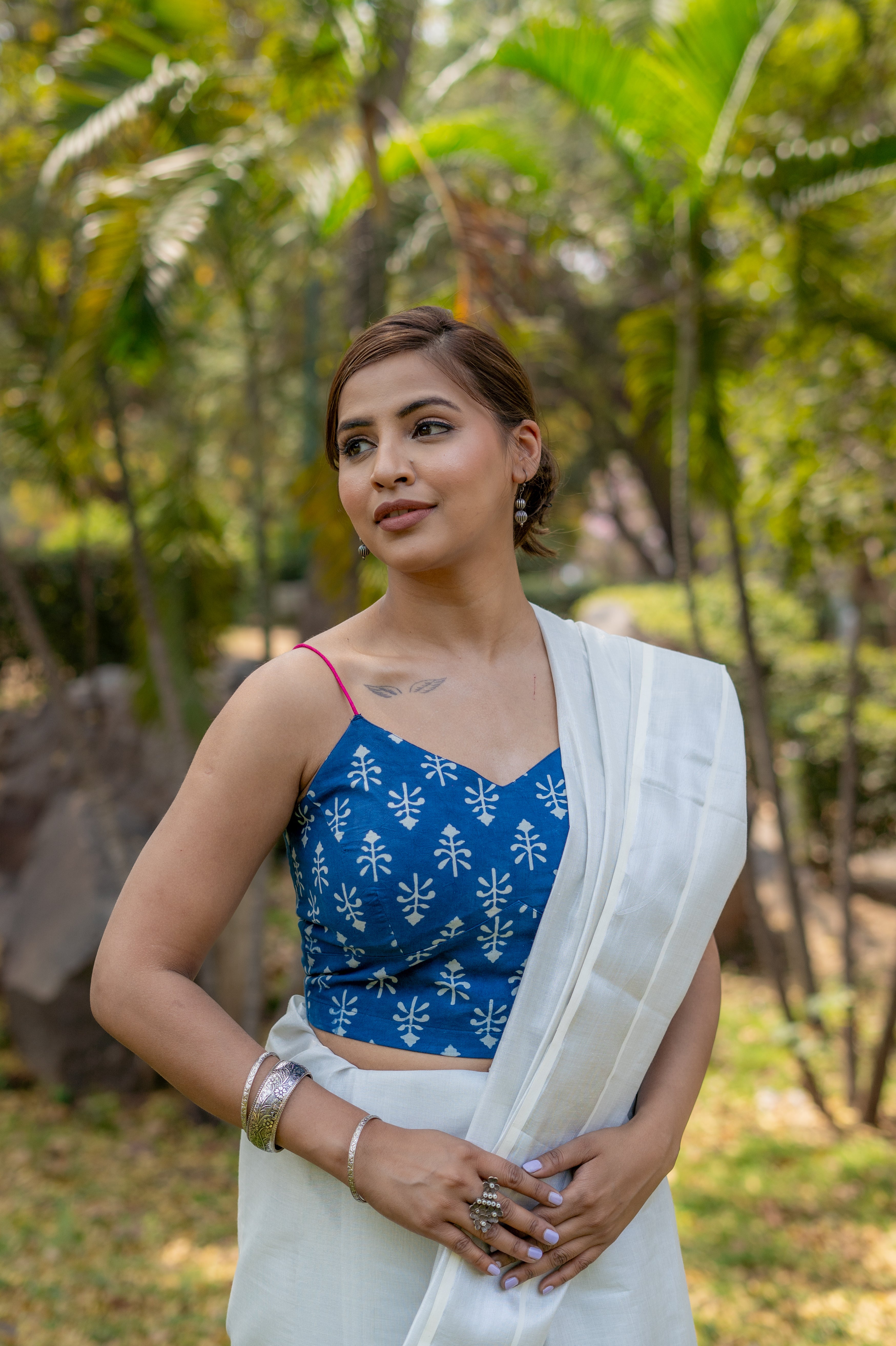 Indigo dabu booti handblock sleeveless cotton blouse with fuschia noodle strap
