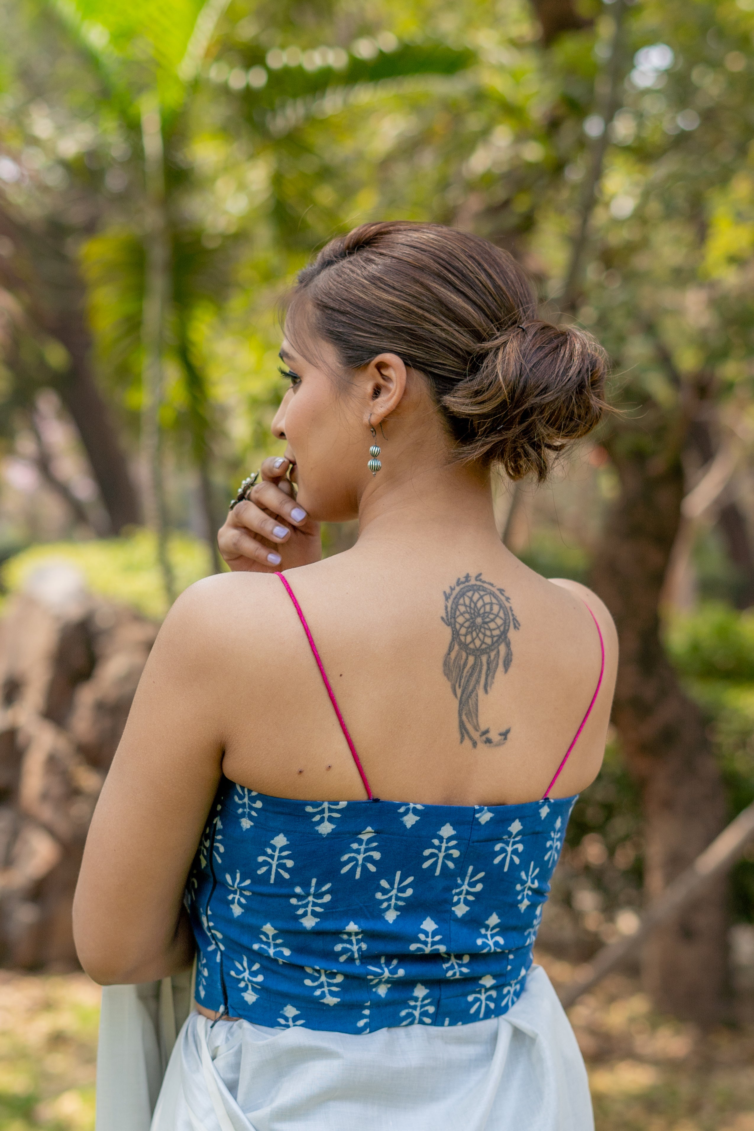 Indigo dabu booti handblock sleeveless cotton blouse with fuschia noodle strap