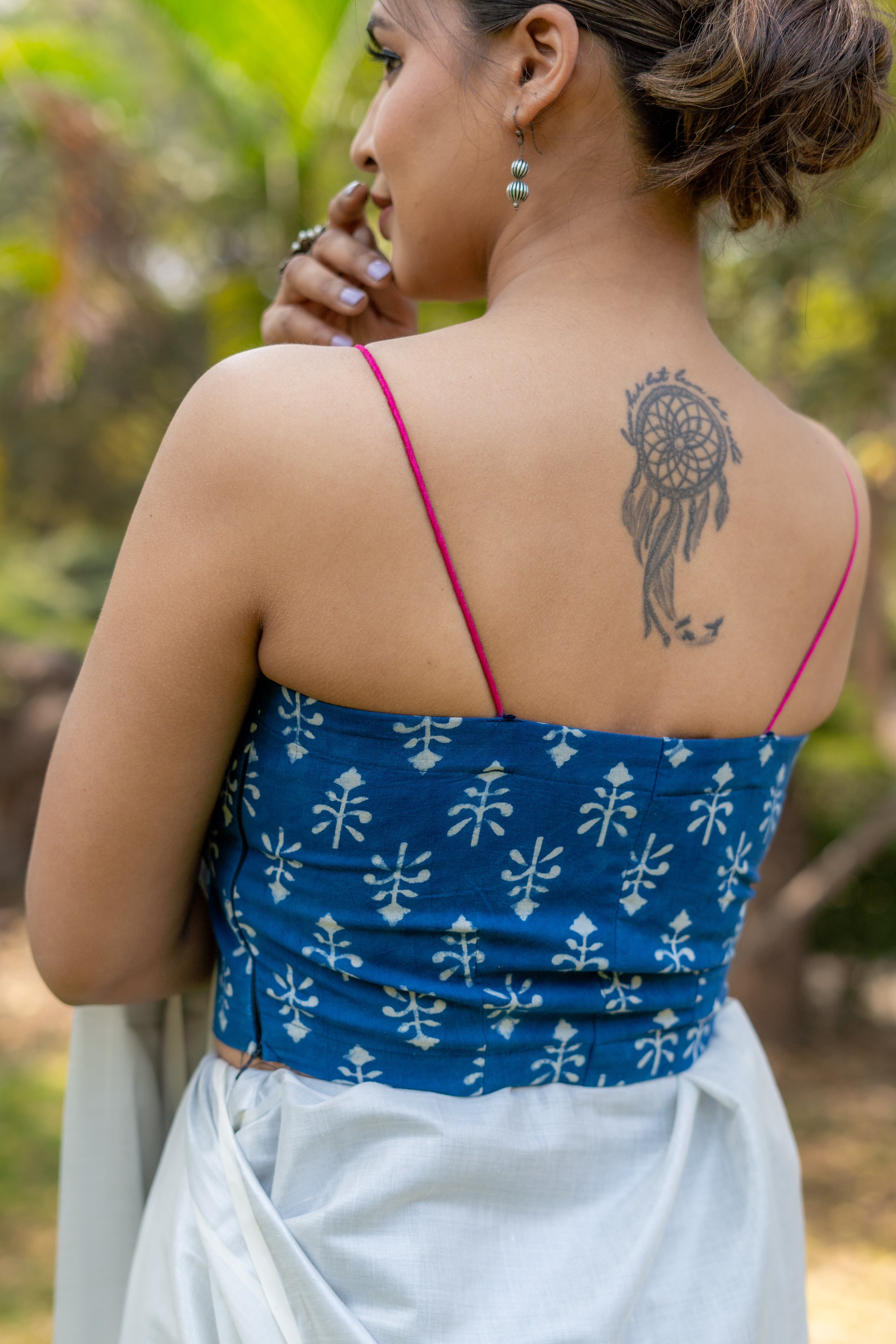 Indigo dabu booti handblock sleeveless cotton blouse with fuschia noodle strap