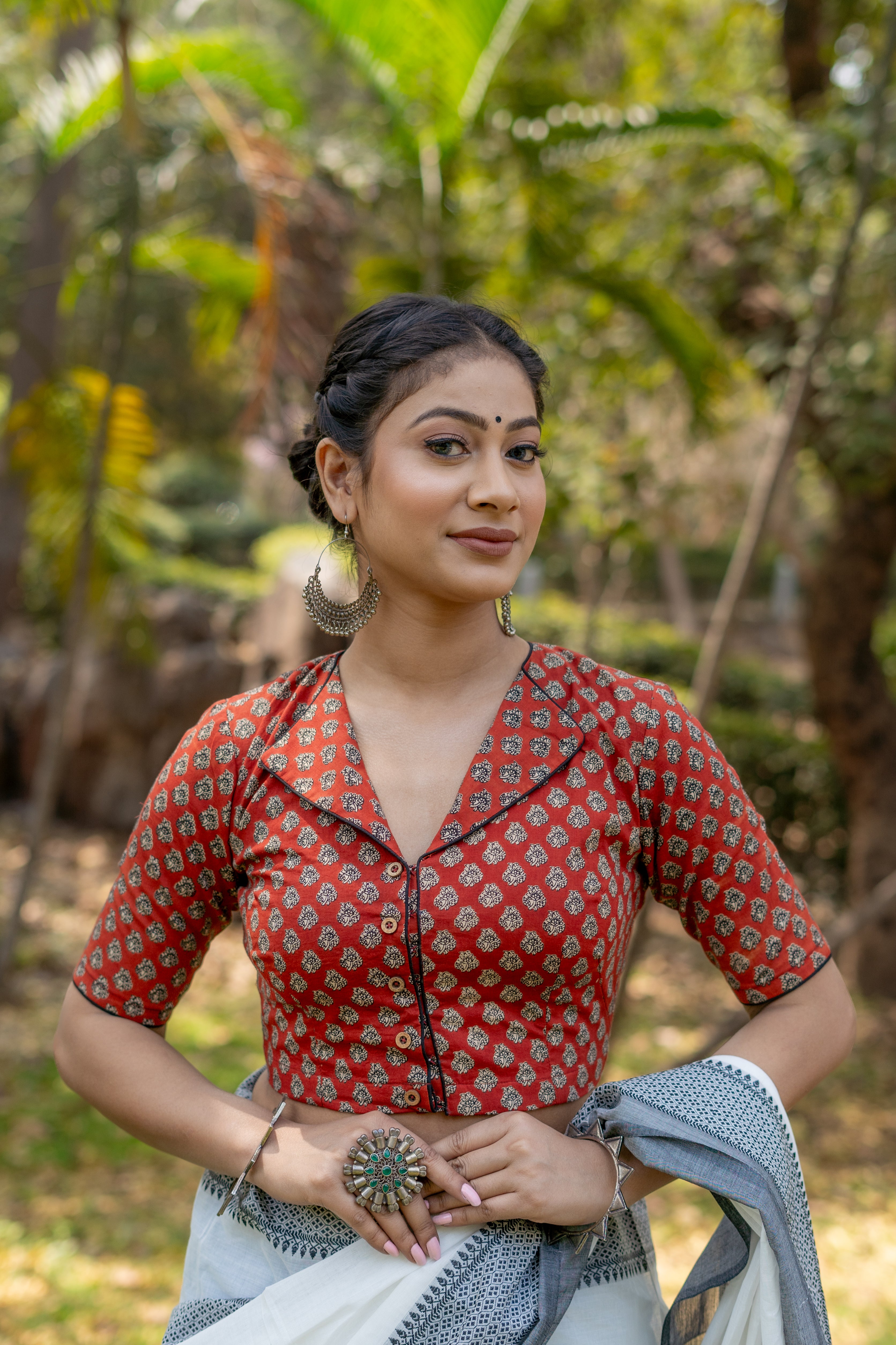 Red bagru  booti handblock print collar with V-neck cotton blouse