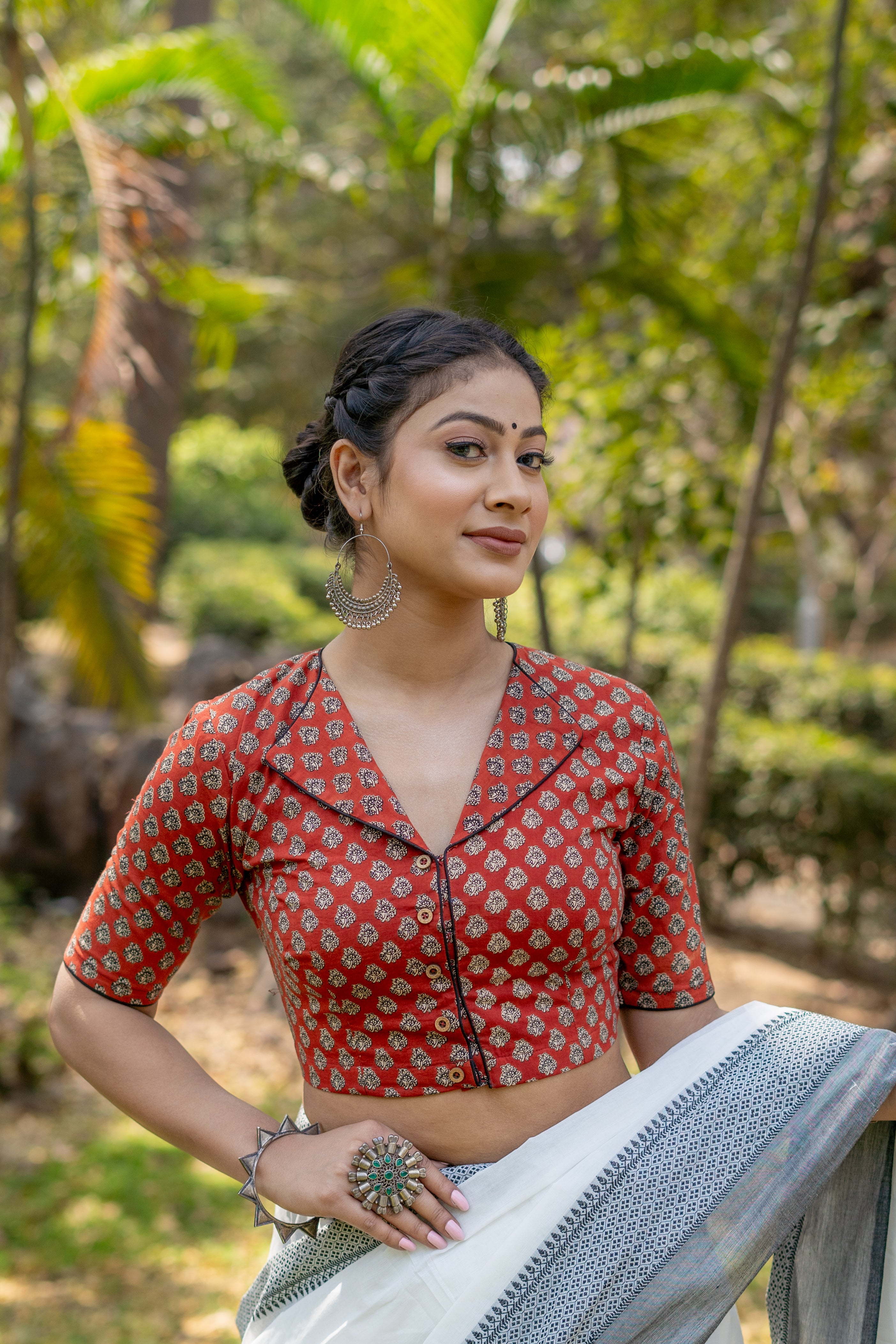 Red bagru  booti handblock print collar with V-neck cotton blouse