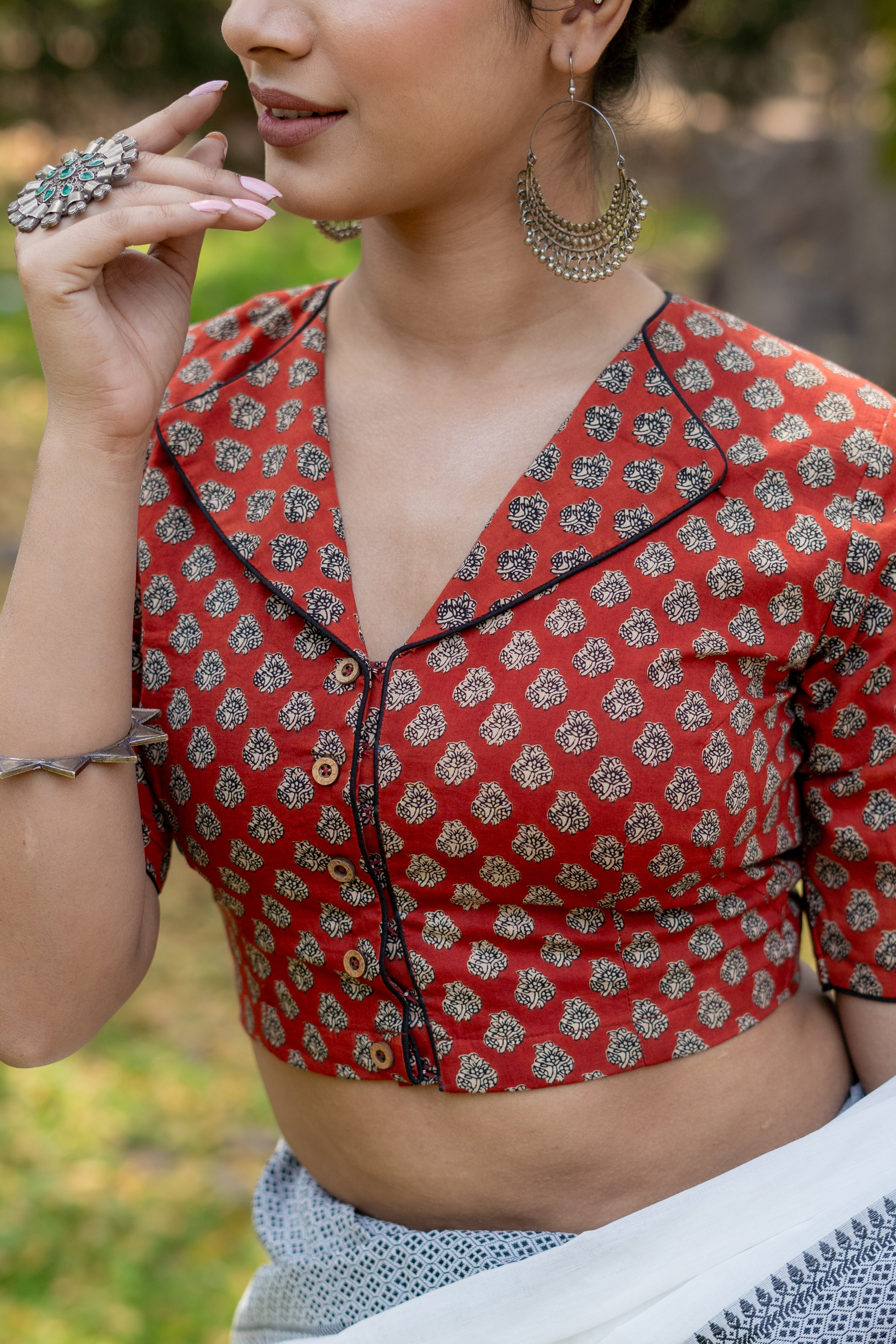 Red bagru  booti handblock print collar with V-neck cotton blouse