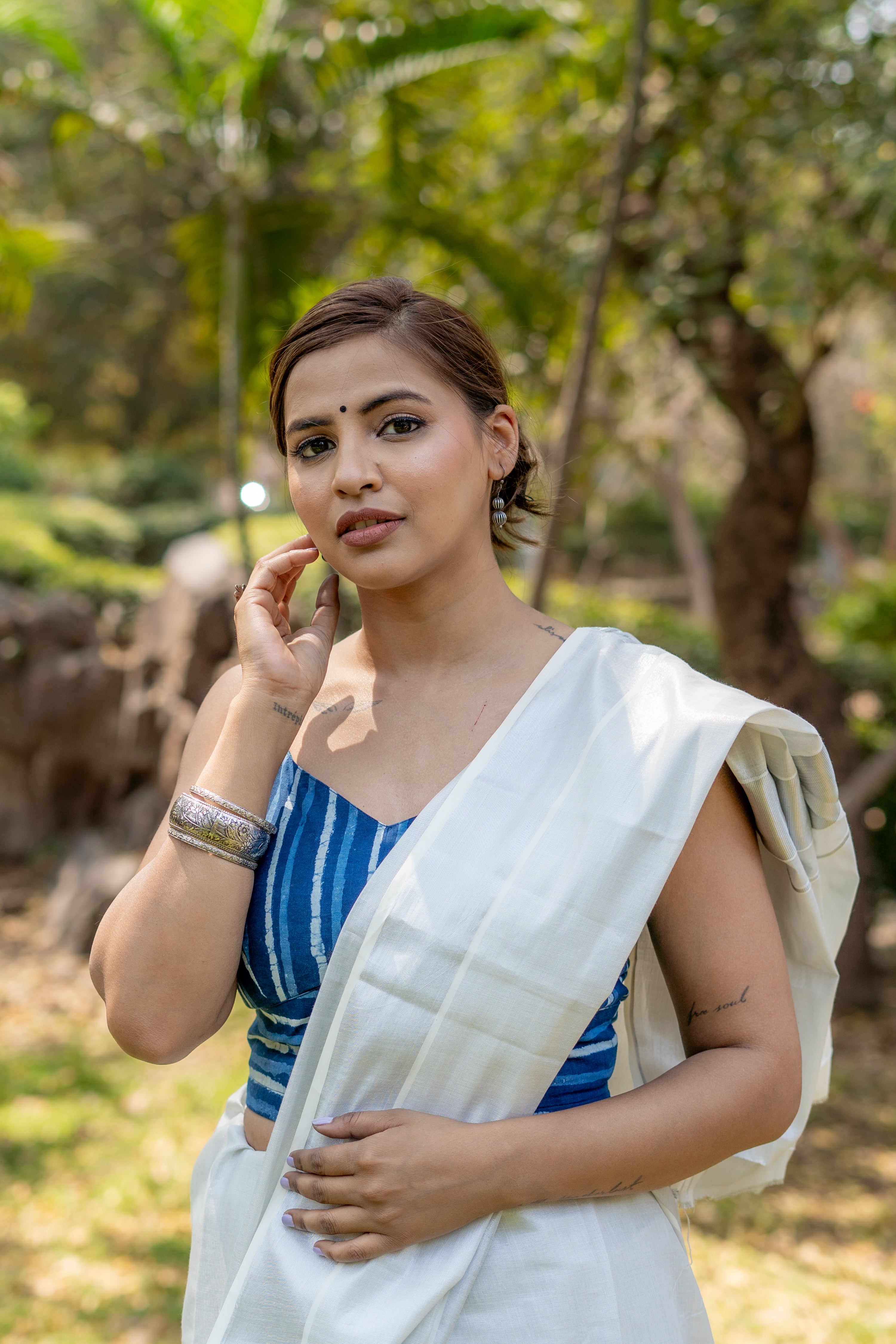 Indigo dabu stripe handblock print sleeveless cotton blouse with fuschia noodle strap