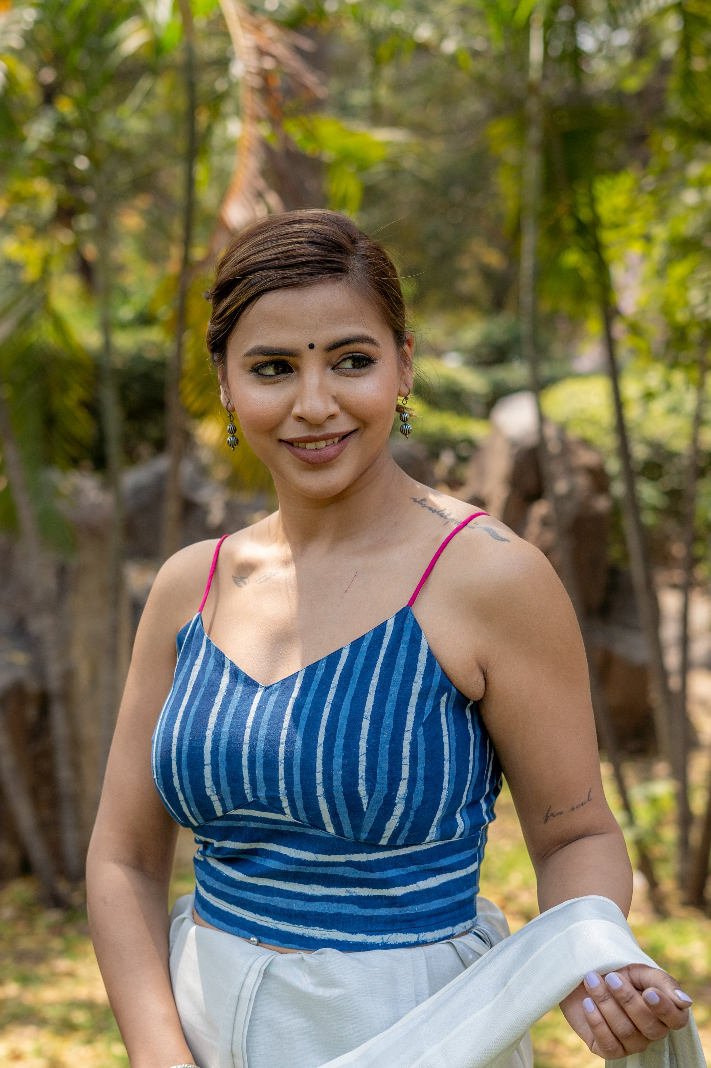 Indigo dabu stripe handblock print sleeveless cotton blouse with fuschia noodle strap
