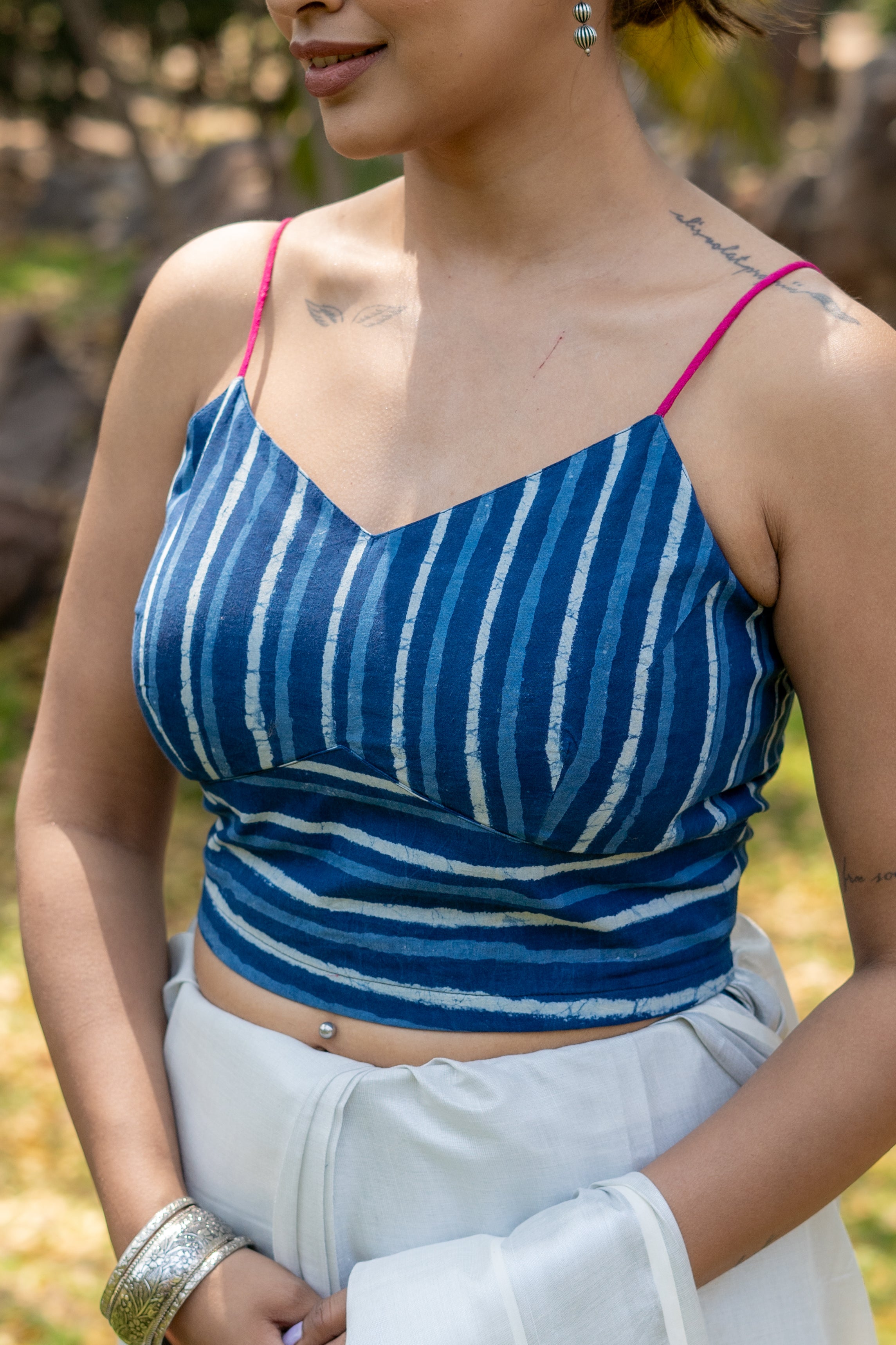 Indigo dabu stripe handblock print sleeveless cotton blouse with fuschia noodle strap