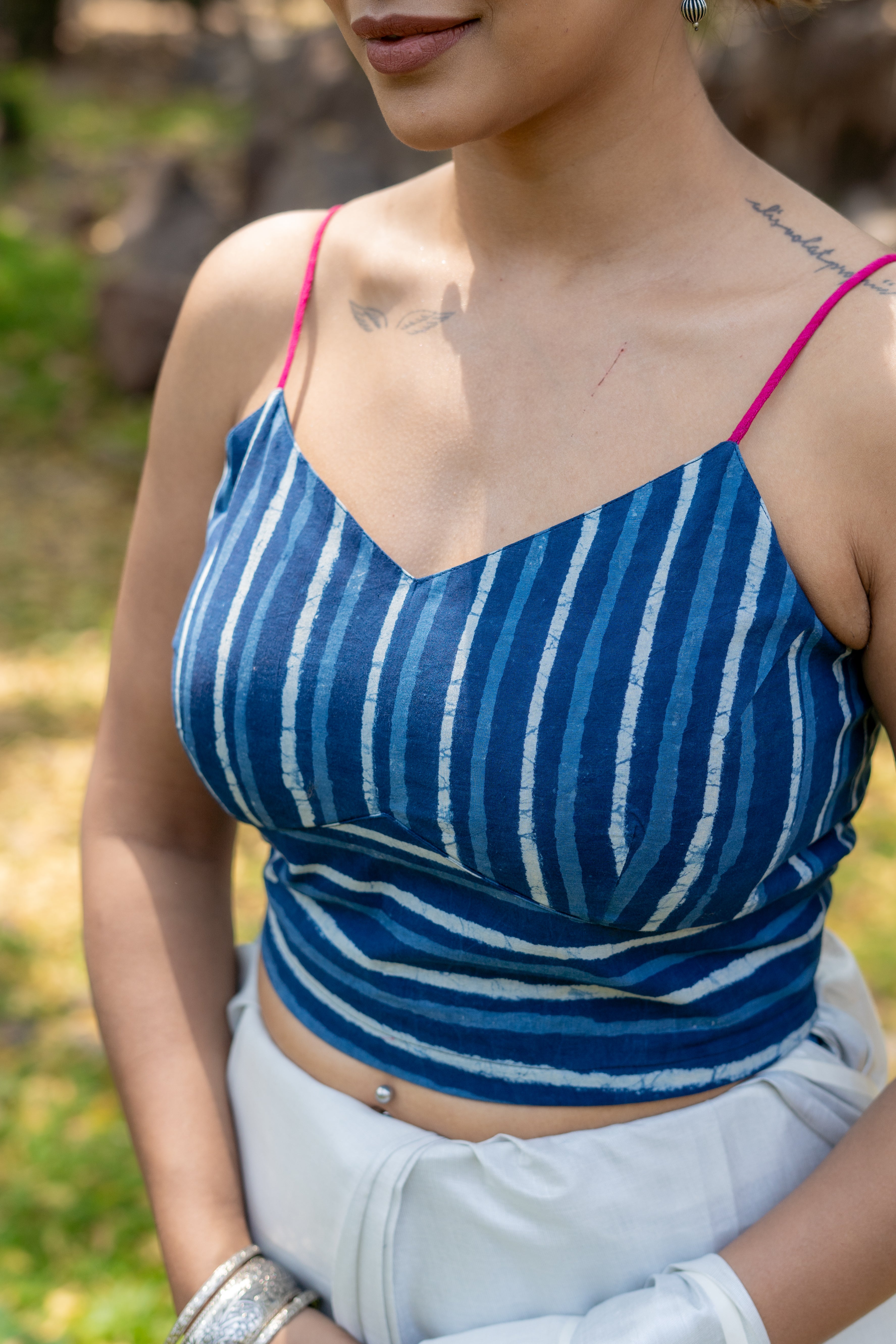 Indigo dabu stripe handblock print sleeveless cotton blouse with fuschia noodle strap
