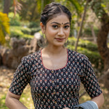 Black bagru handblock booti round neck cotton blouse with maroon piping