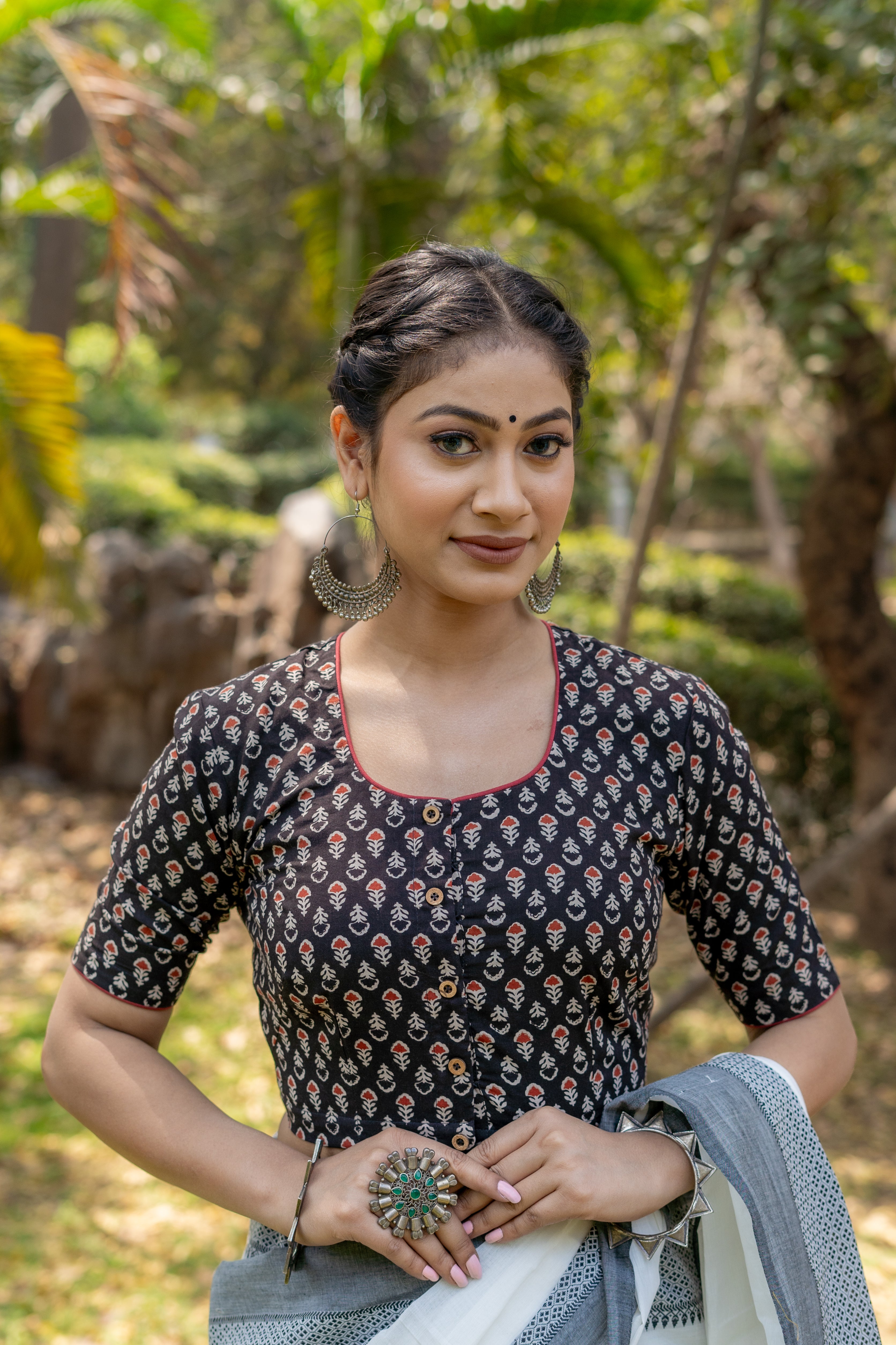 Black bagru handblock booti round neck cotton blouse with maroon piping