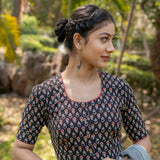 Black bagru handblock booti round neck cotton blouse with maroon piping