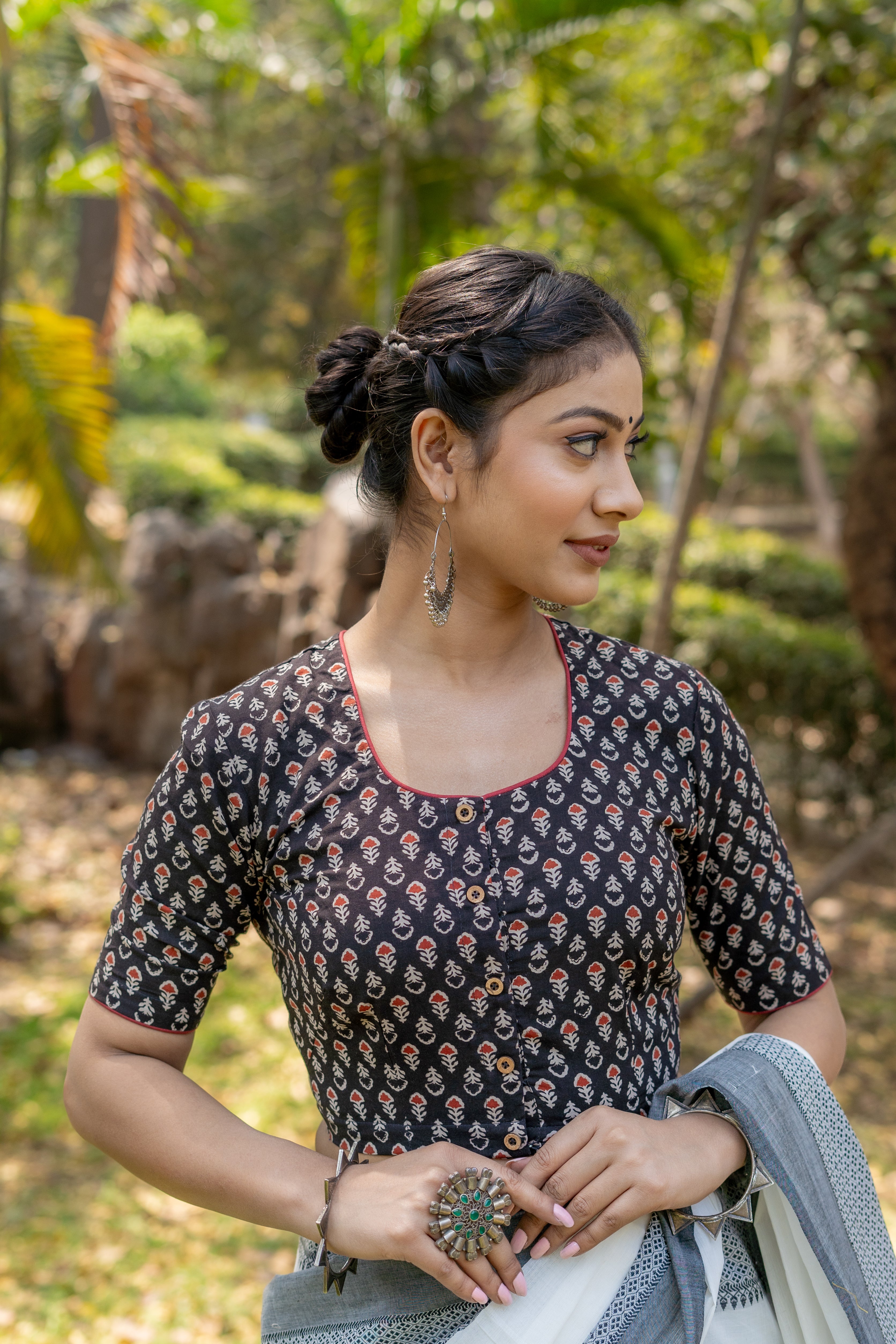 Black bagru handblock booti round neck cotton blouse with maroon piping