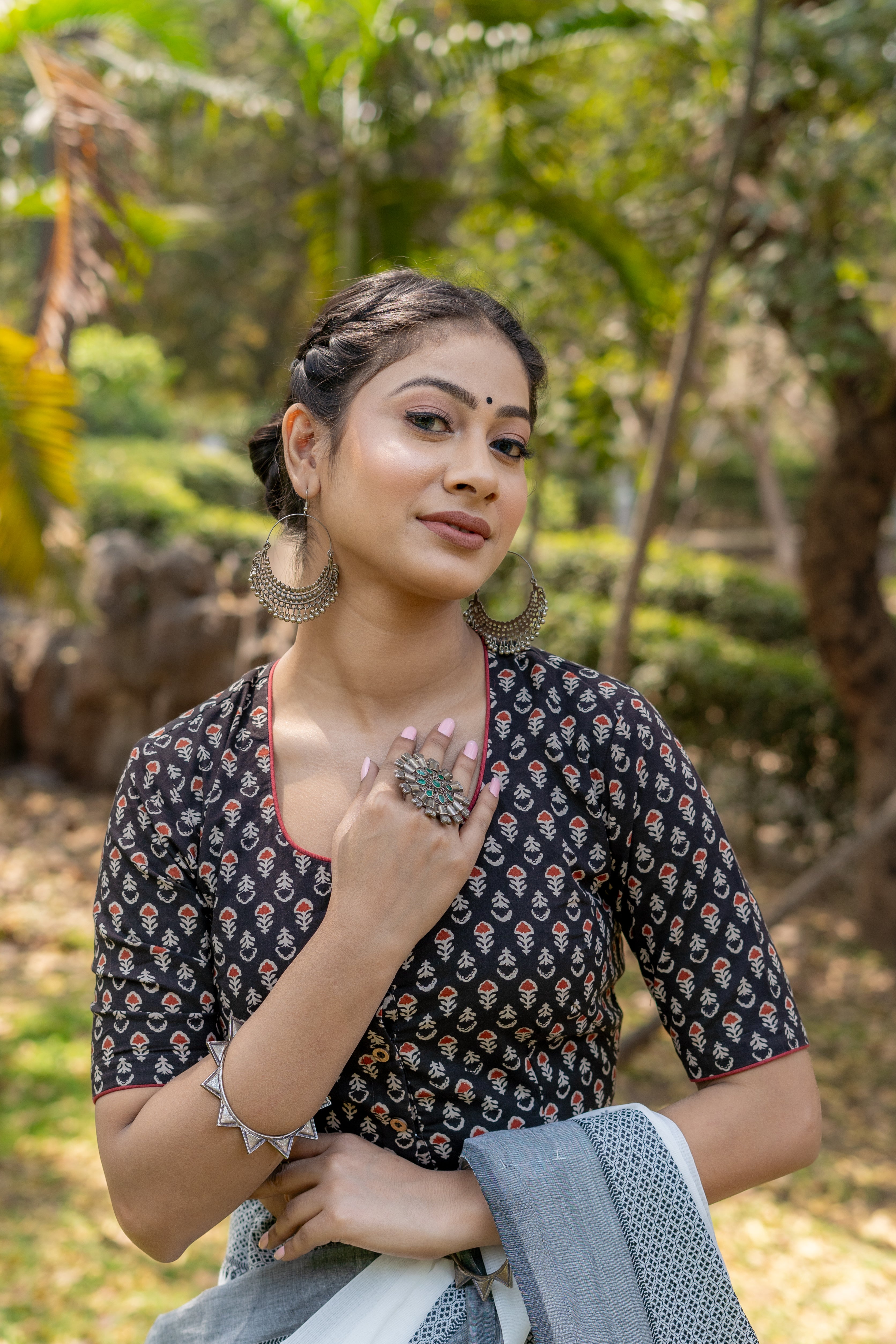 Black bagru handblock booti round neck cotton blouse with maroon piping
