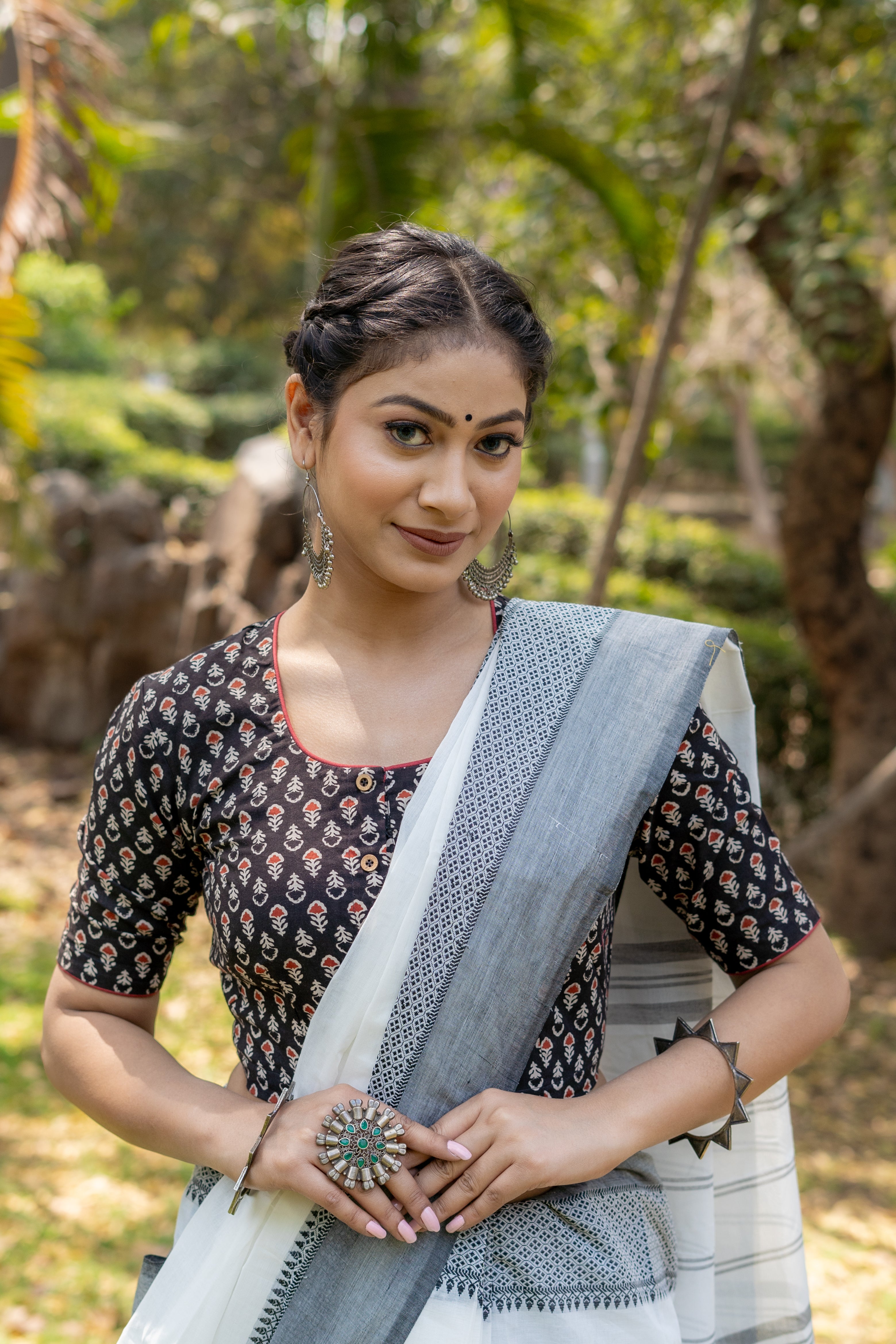 Black bagru handblock booti round neck cotton blouse with maroon piping