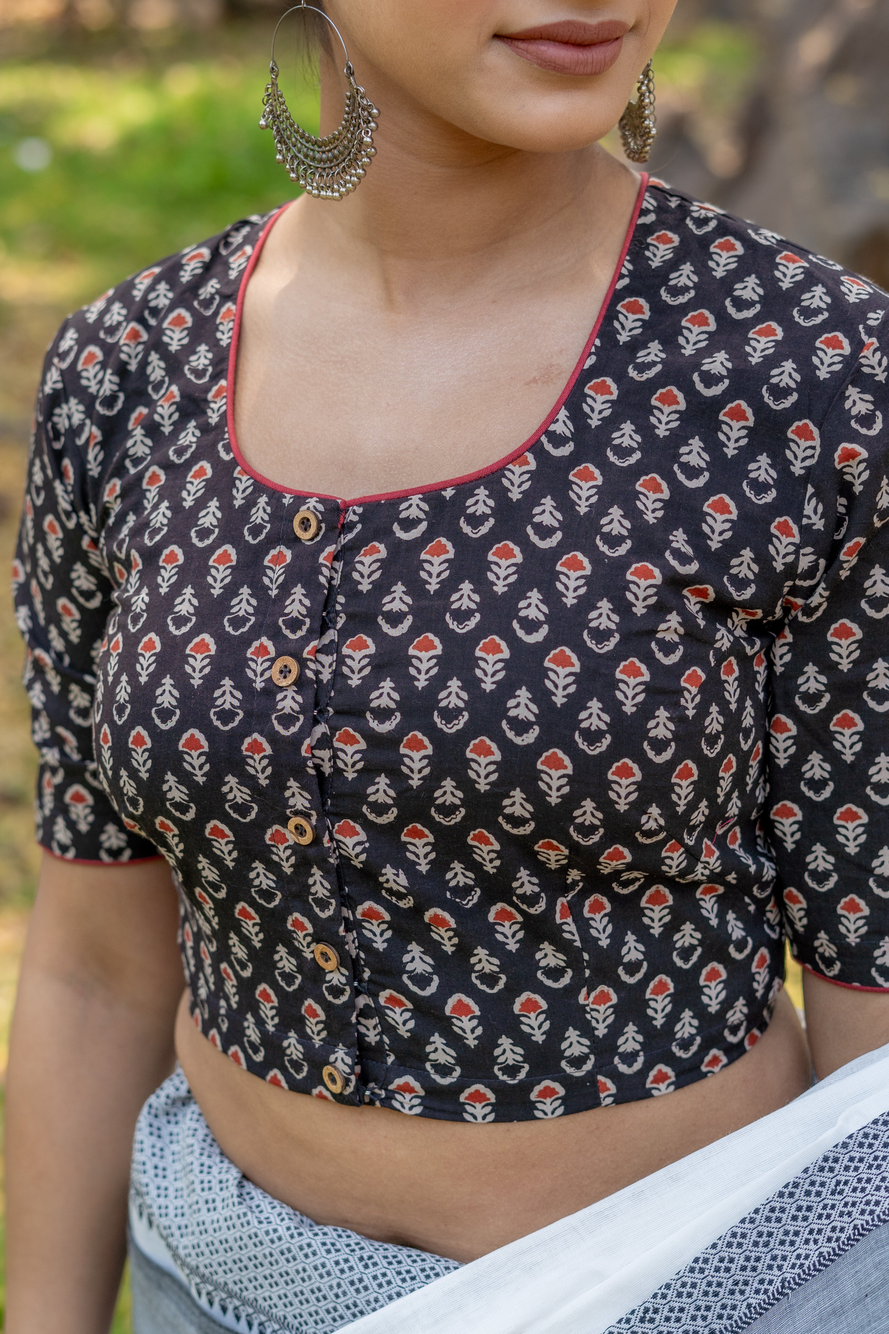 Black bagru handblock booti round neck cotton blouse with maroon piping