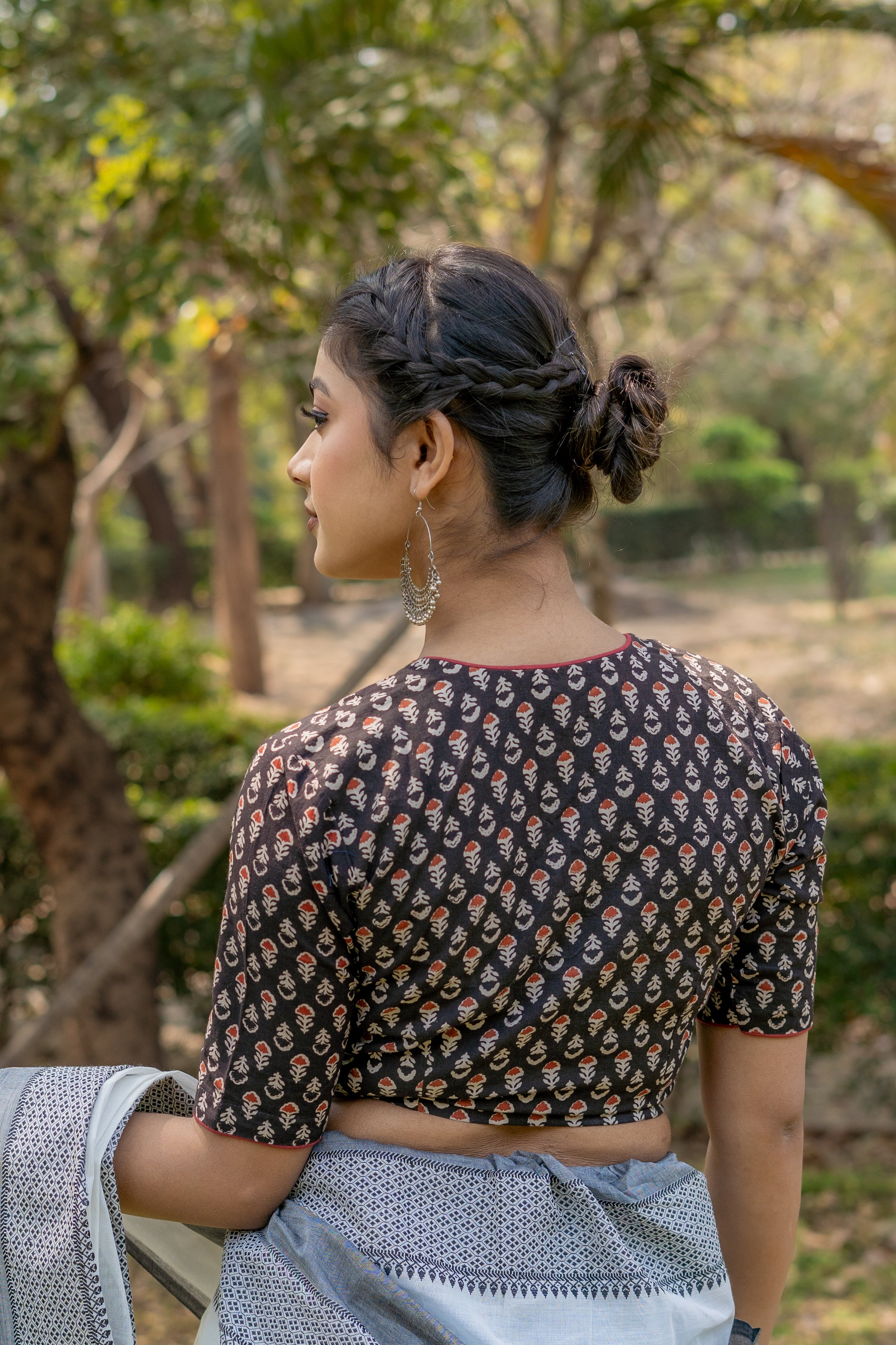 Black bagru handblock booti round neck cotton blouse with maroon piping
