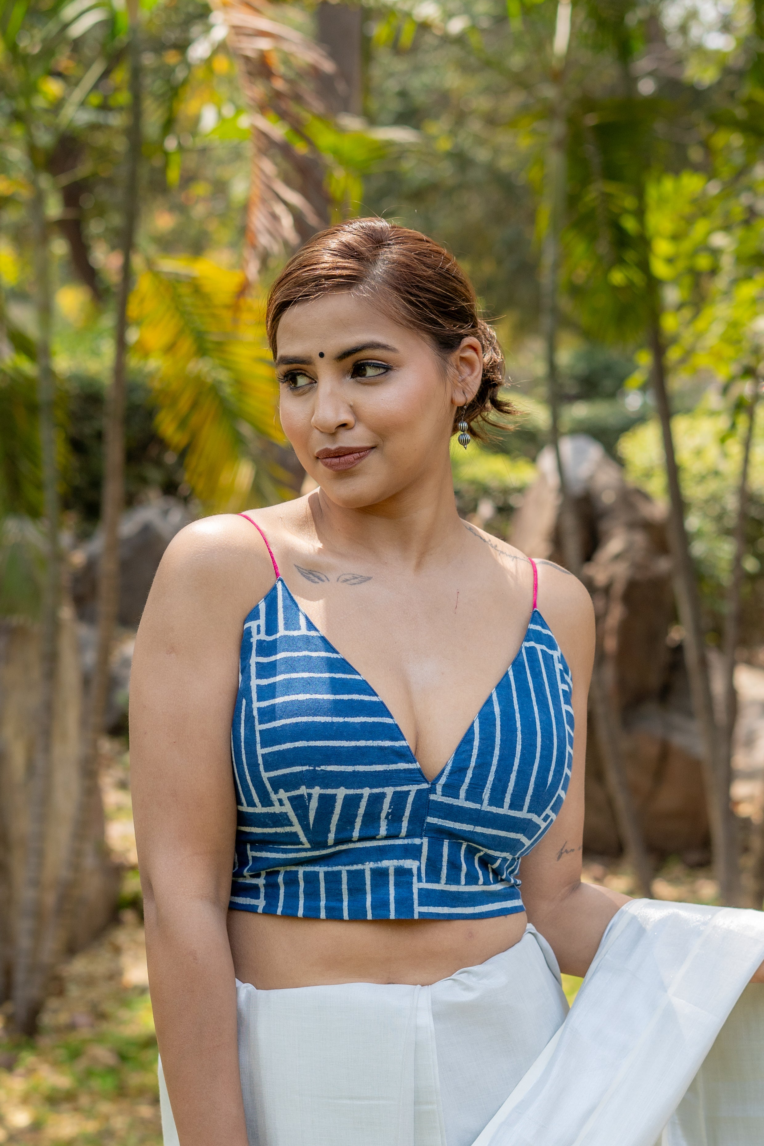 Indigo dabu brick pattern handblock sleeveless low neckline cotton blouse with fuschia noodle strap