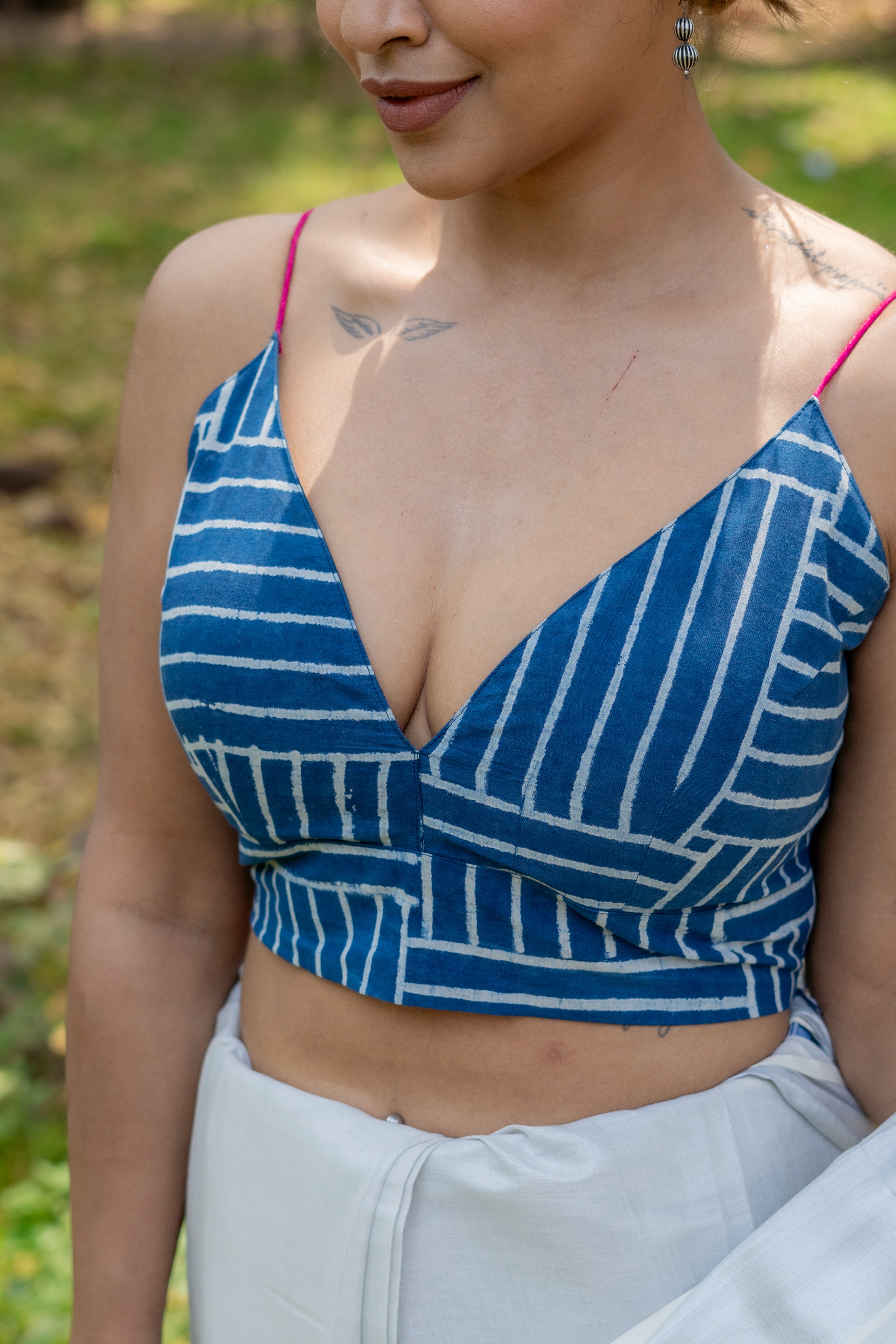 Indigo dabu brick pattern handblock sleeveless low neckline cotton blouse with fuschia noodle strap
