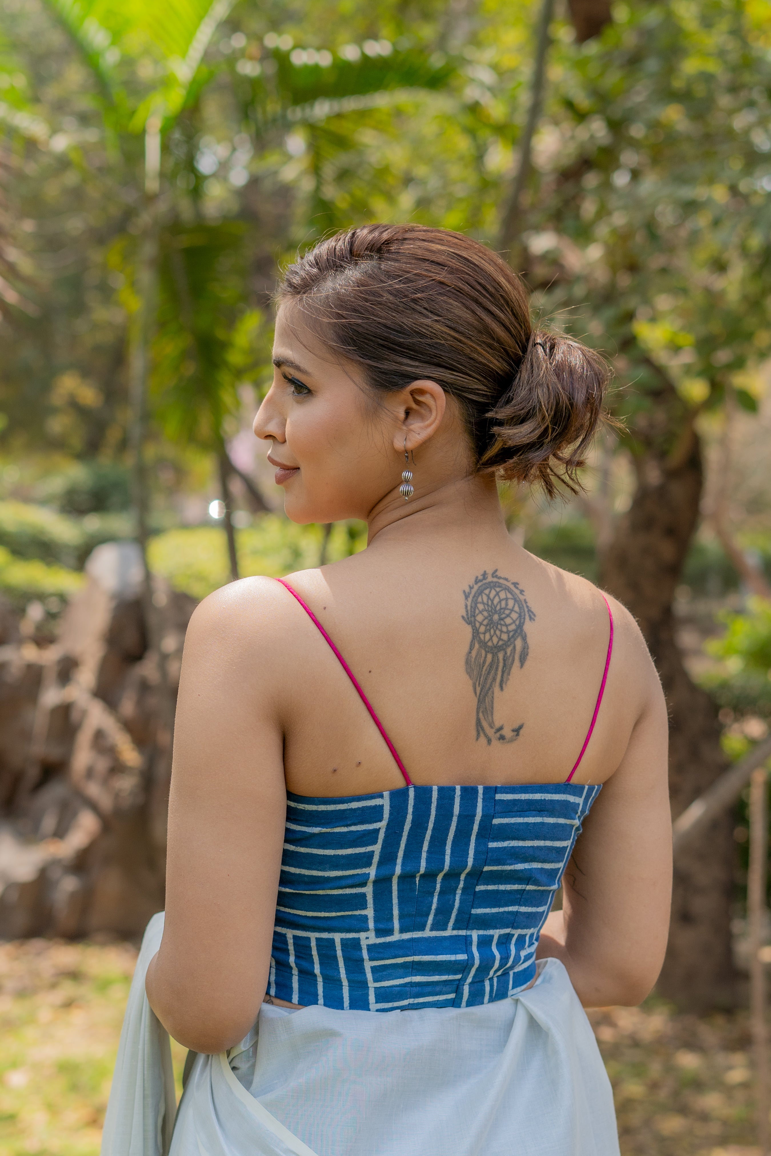 Indigo dabu brick pattern handblock sleeveless low neckline cotton blouse with fuschia noodle strap