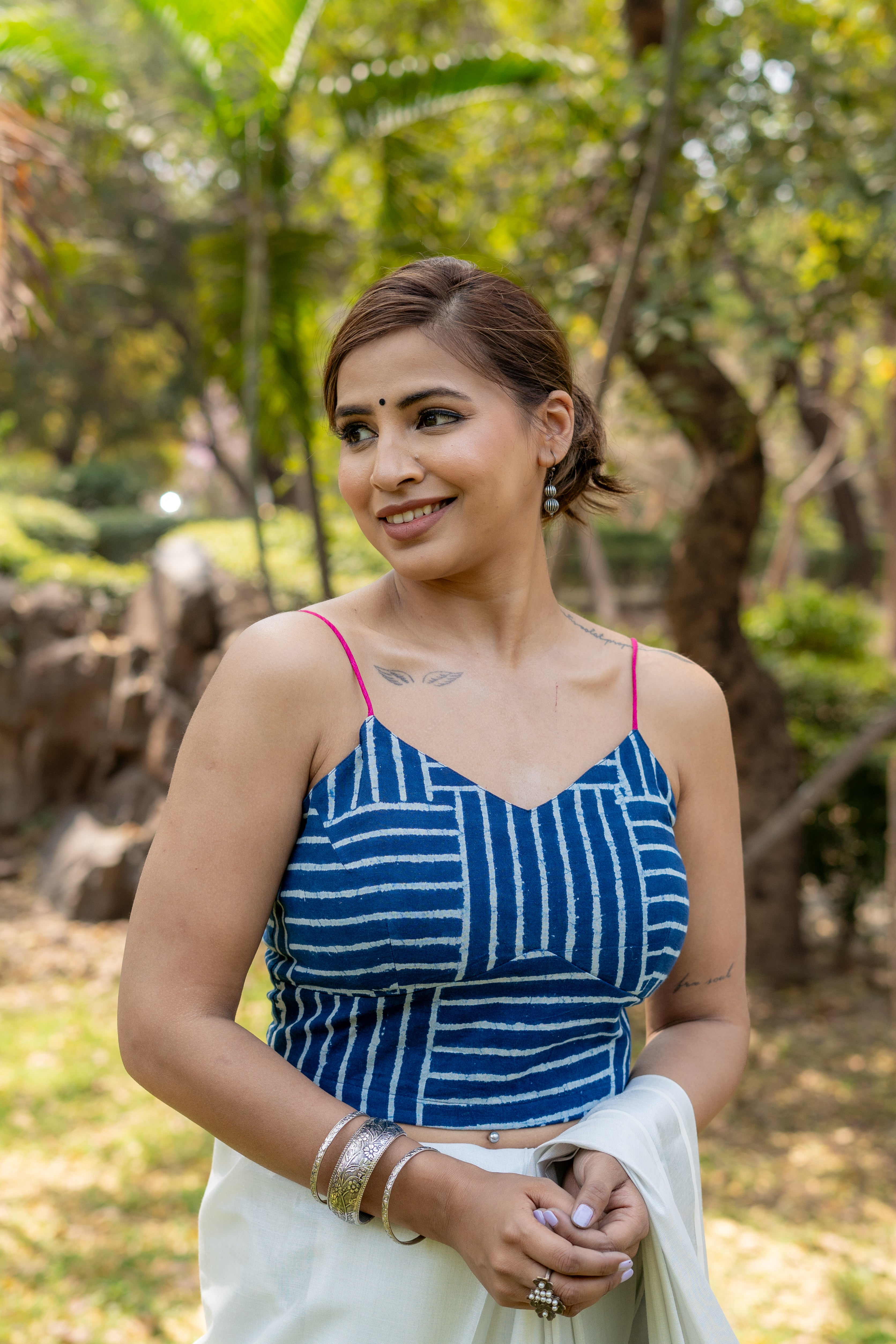 Indigo dabu brick pattern handblock sleeveless cotton blouse with fuschia noodle strap