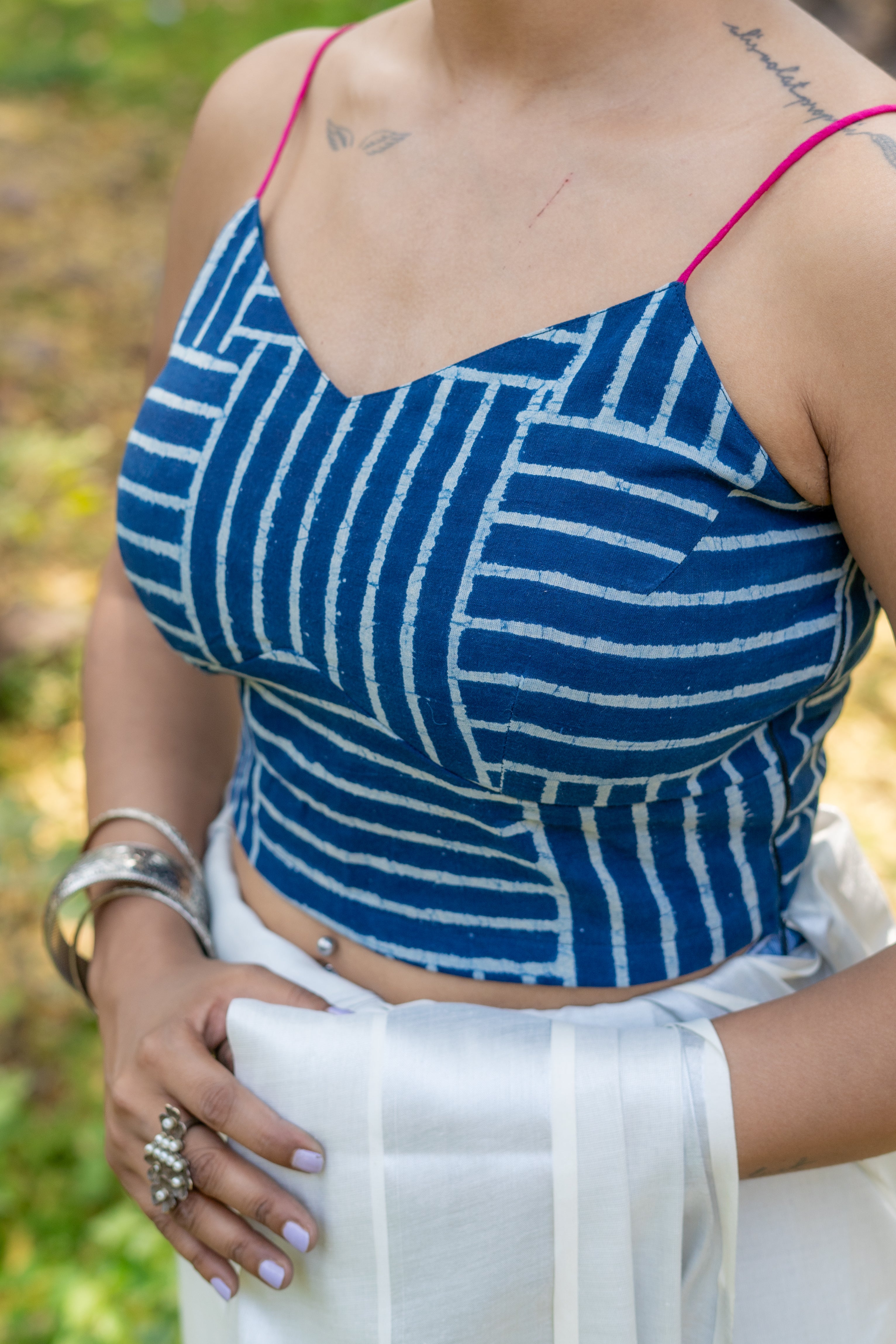 Indigo dabu brick pattern handblock sleeveless cotton blouse with fuschia noodle strap