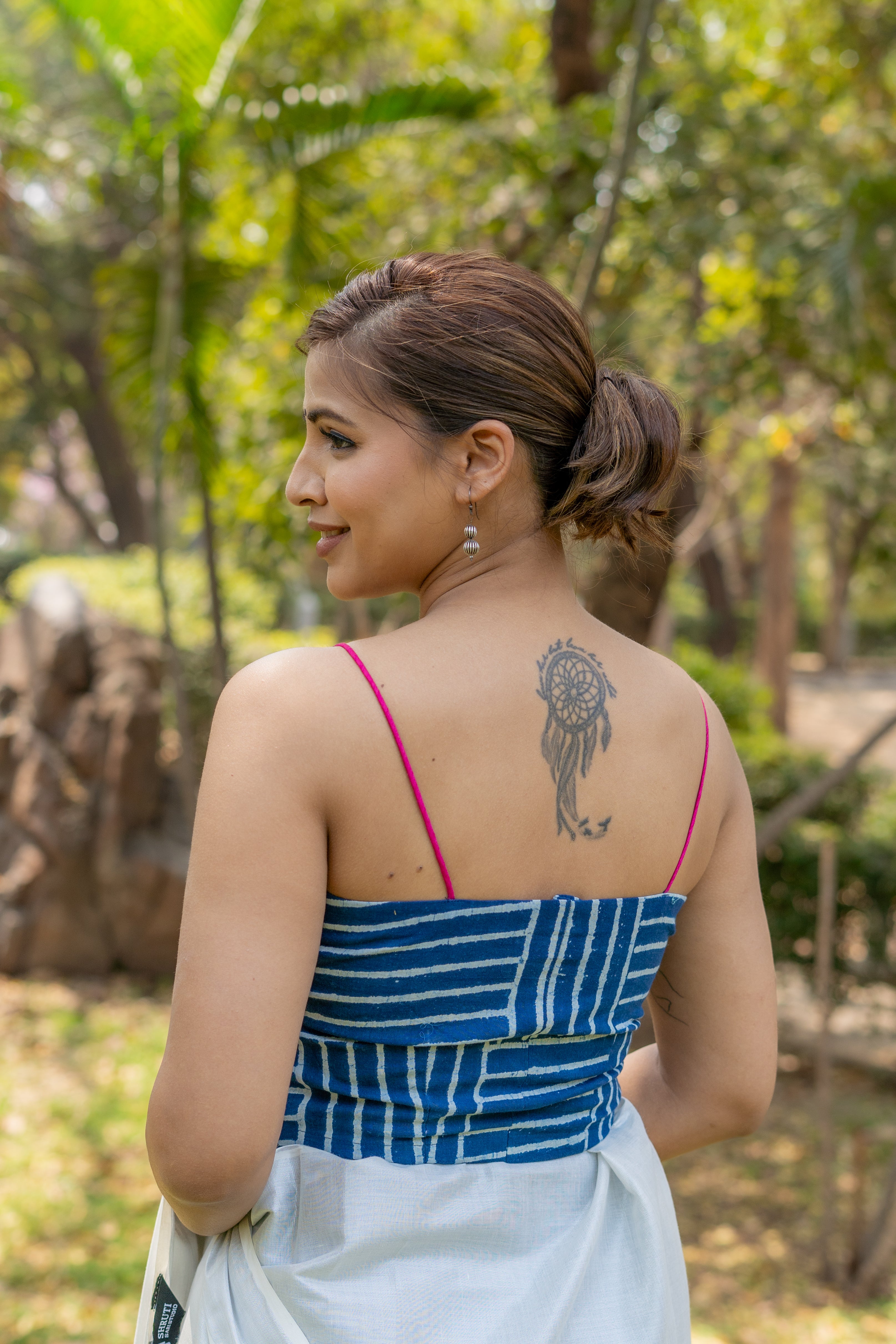 Indigo dabu brick pattern handblock sleeveless cotton blouse with fuschia noodle strap