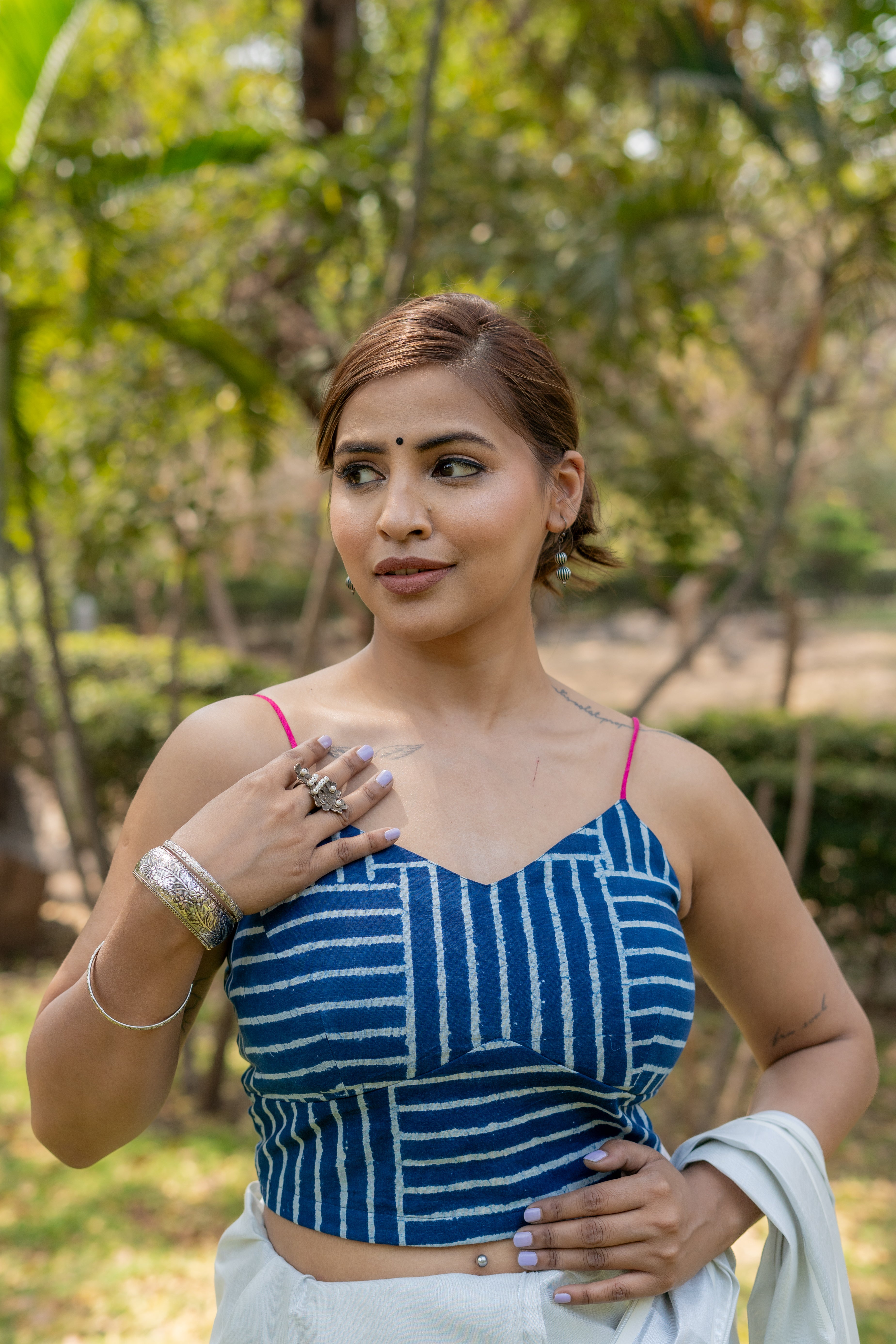 Indigo dabu brick pattern handblock sleeveless cotton blouse with fuschia noodle strap