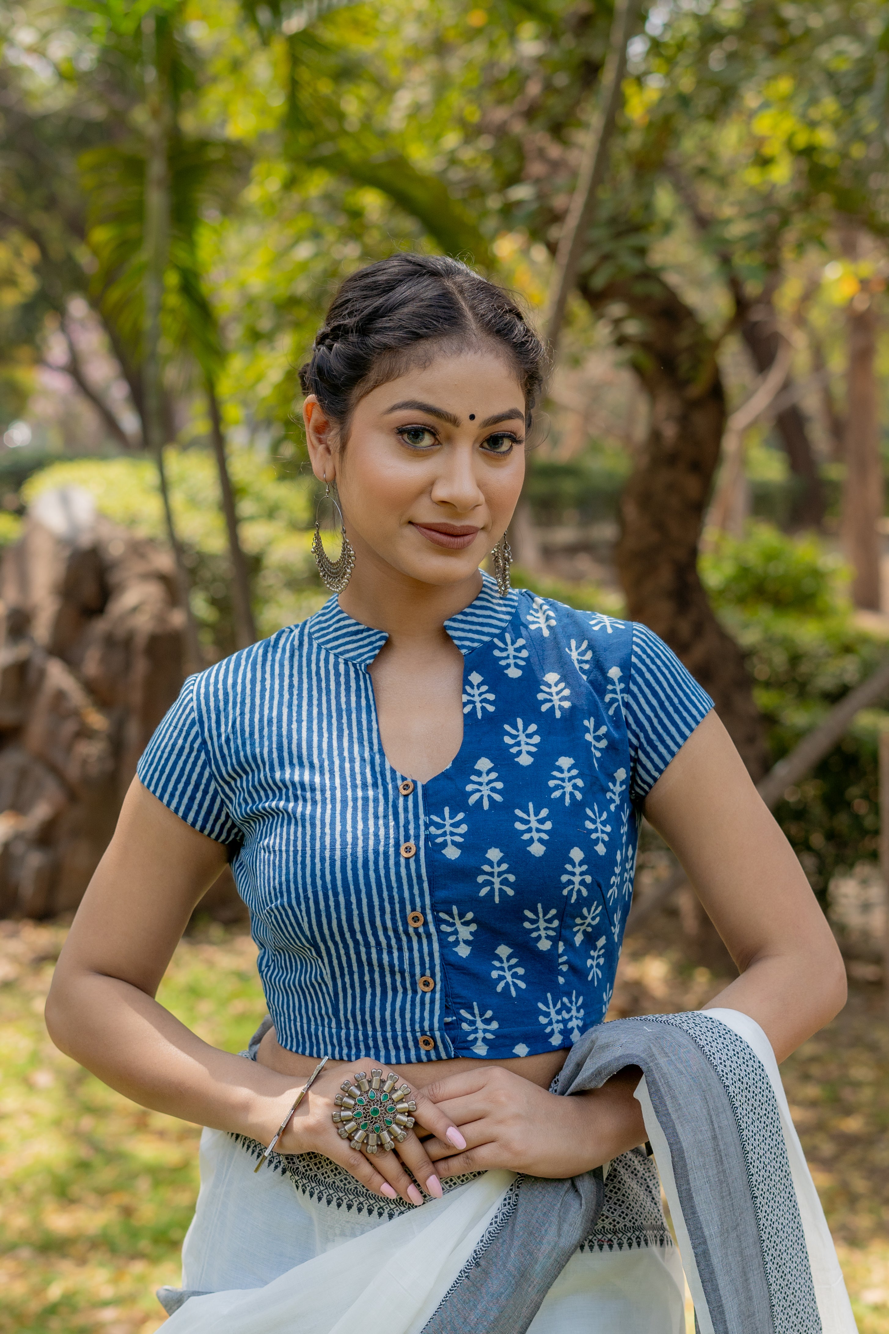 Indigo dabu handblock prrint half stripe hald booti cottob blouse
