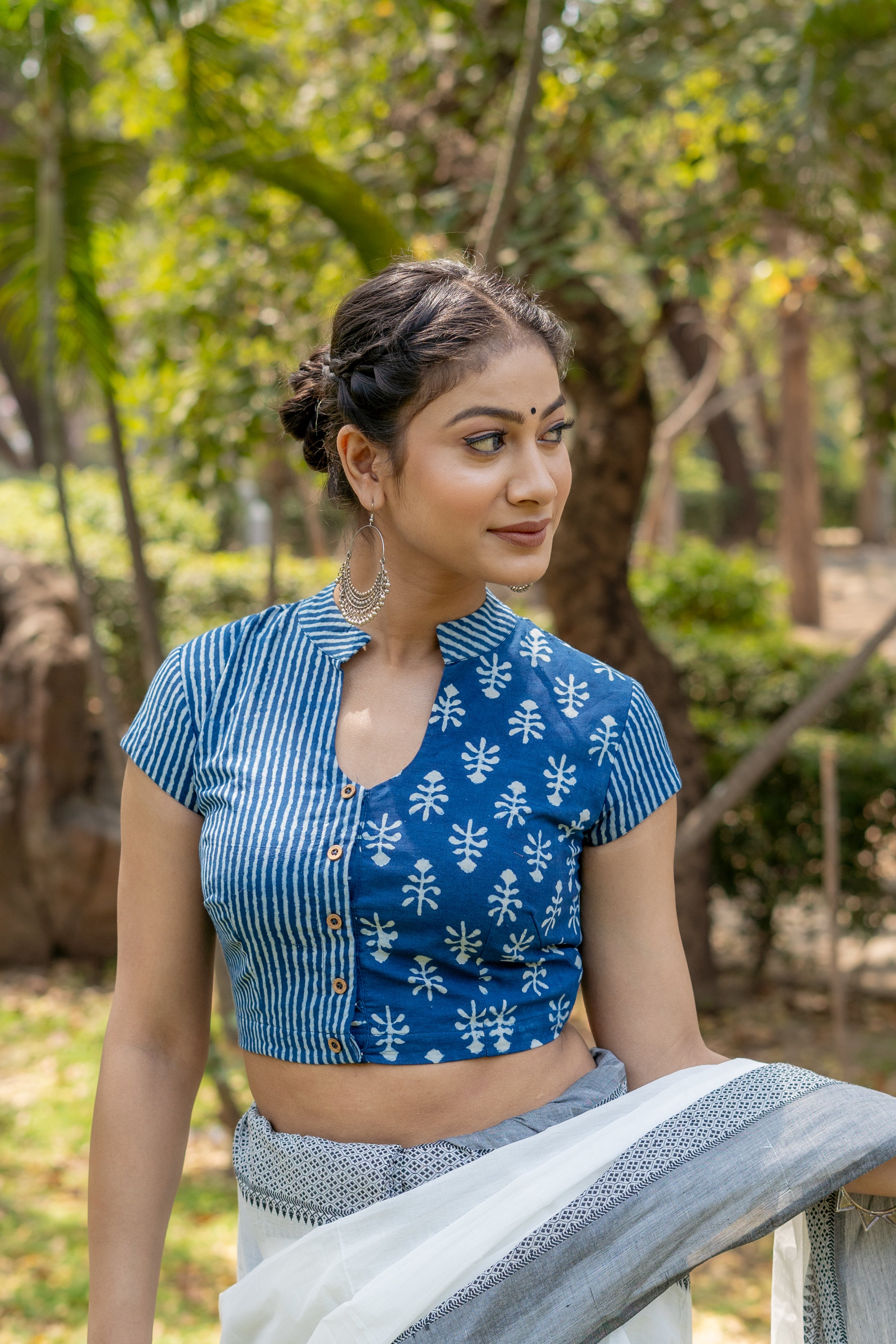 Indigo dabu handblock prrint half stripe hald booti cottob blouse