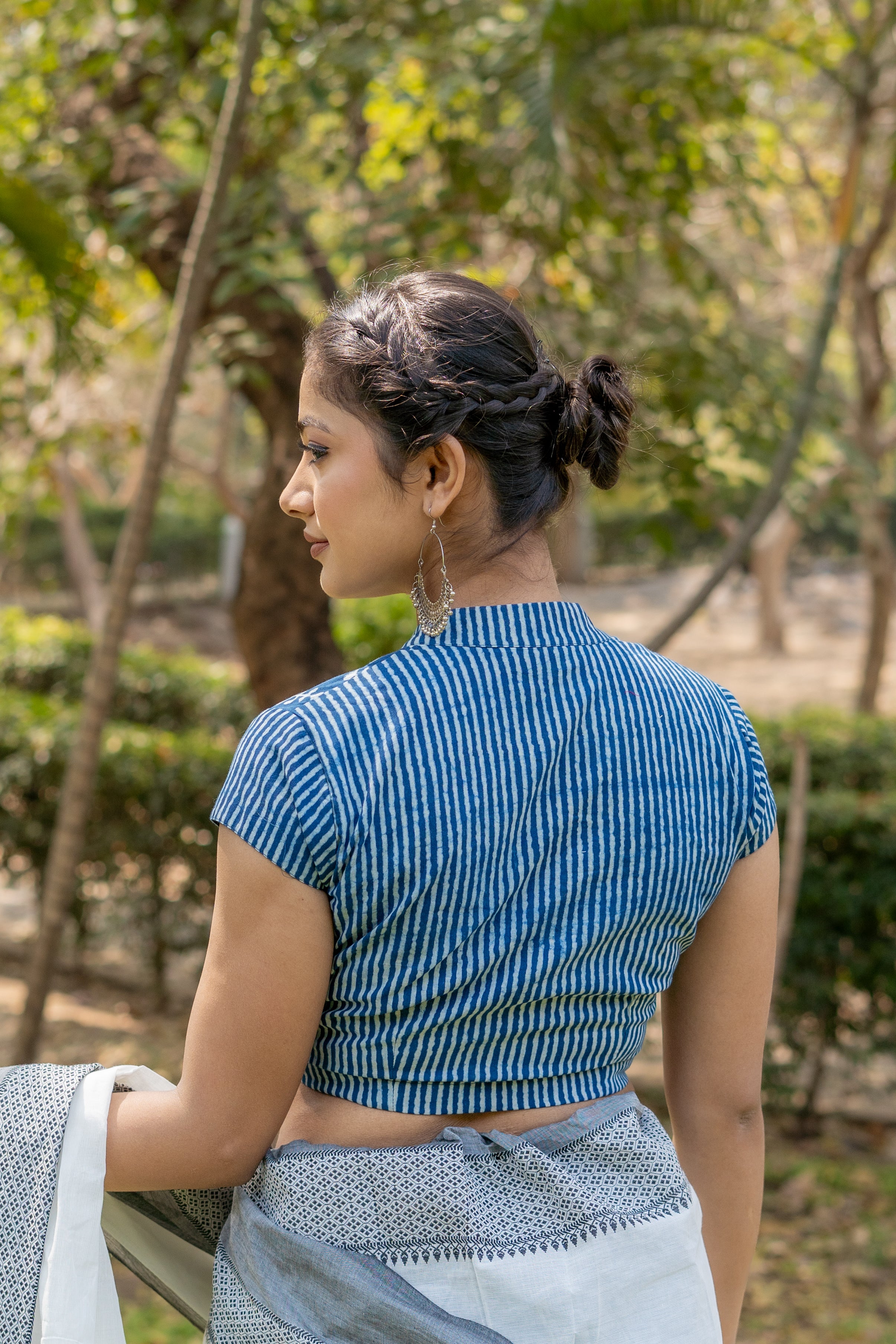 Indigo dabu handblock prrint half stripe hald booti cottob blouse