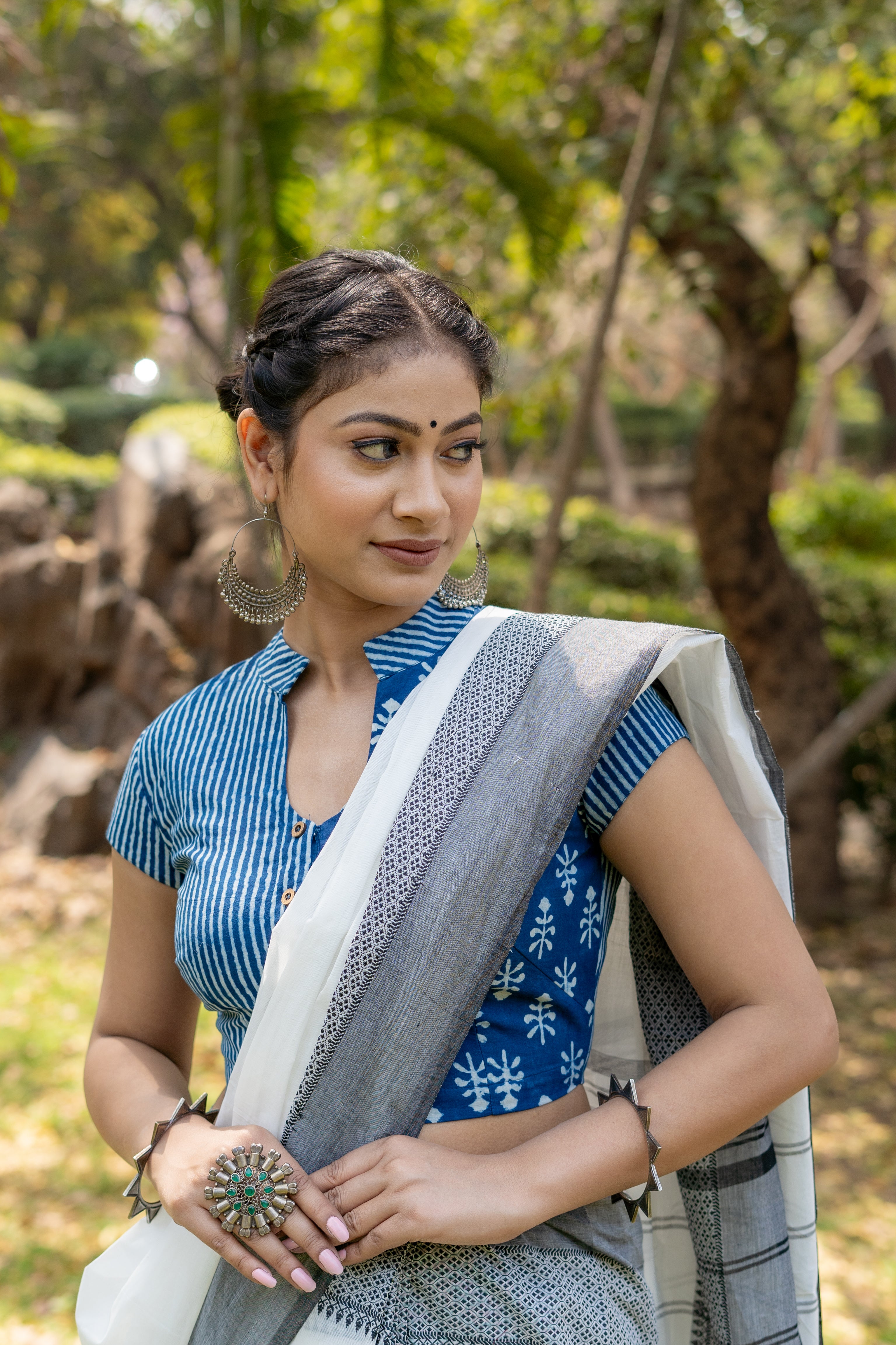 Indigo dabu handblock prrint half stripe hald booti cottob blouse