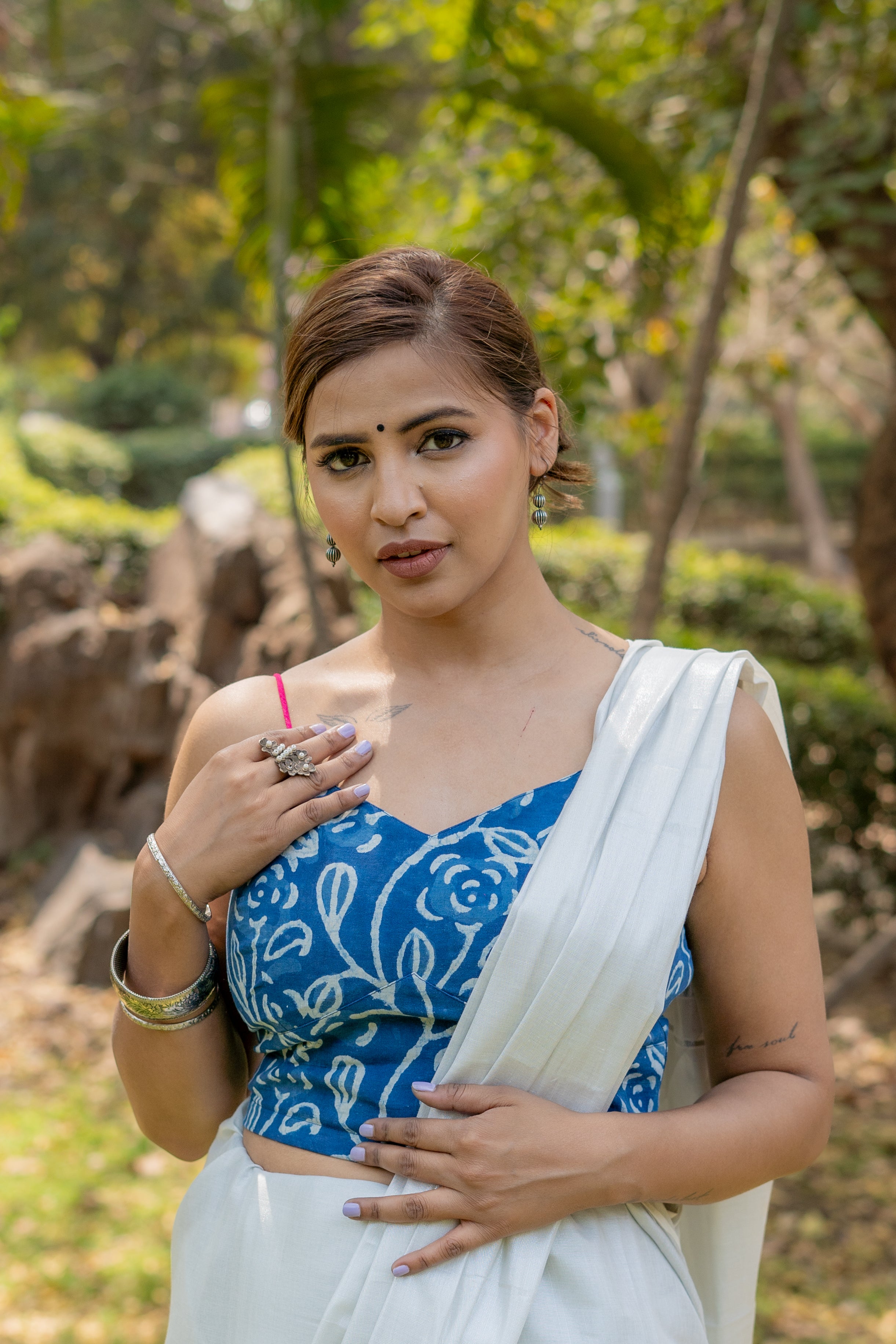 Indigo dabu leaf handblock print sleeveless cotton blouse with fuschia noodle strap