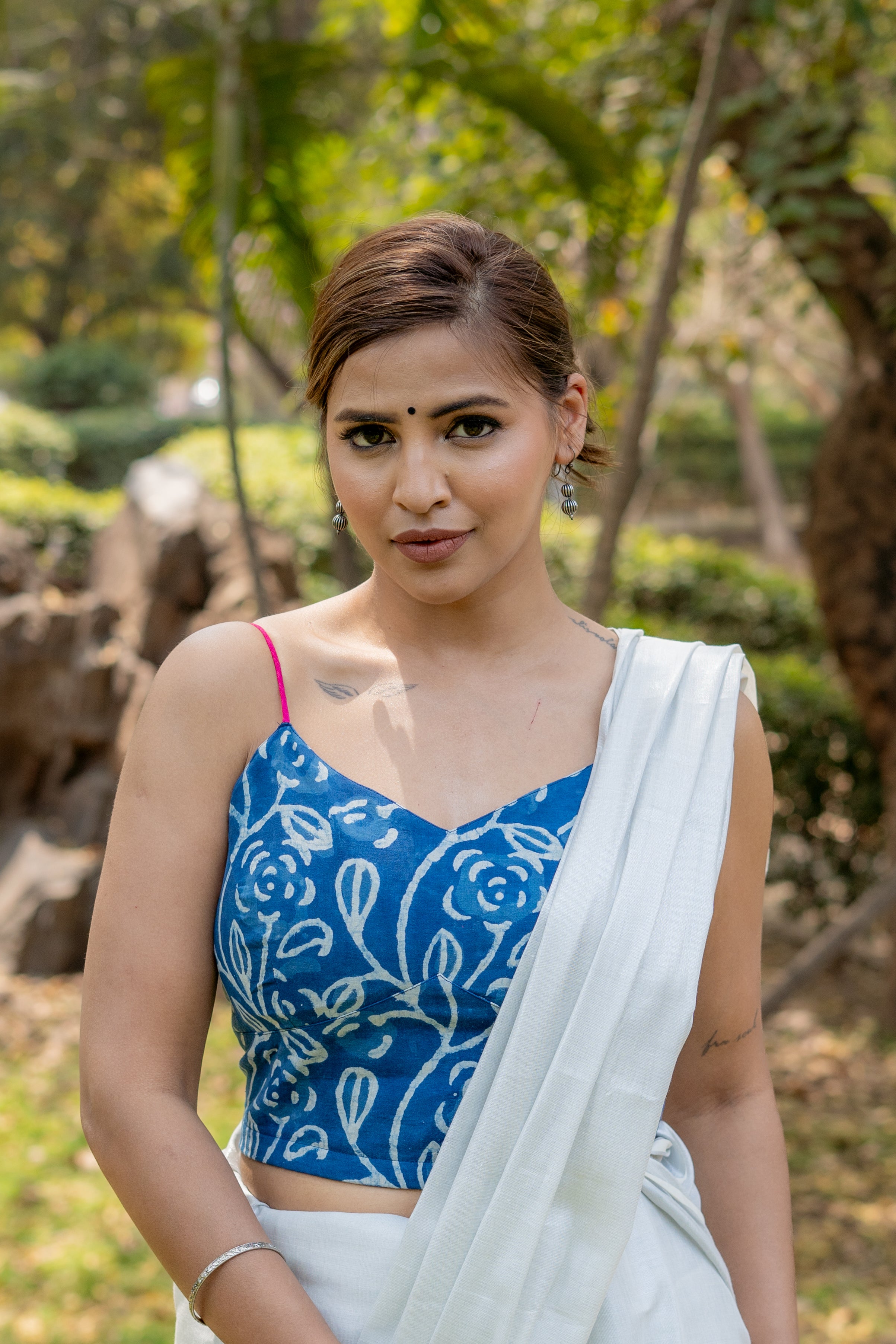 Indigo dabu leaf handblock print sleeveless cotton blouse with fuschia noodle strap