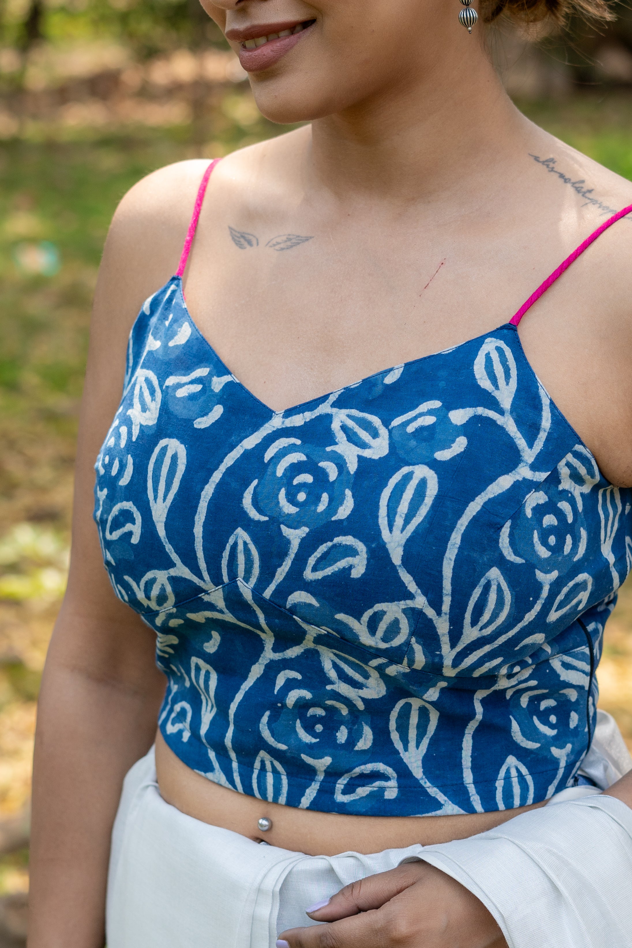 Indigo dabu leaf handblock print sleeveless cotton blouse with fuschia noodle strap