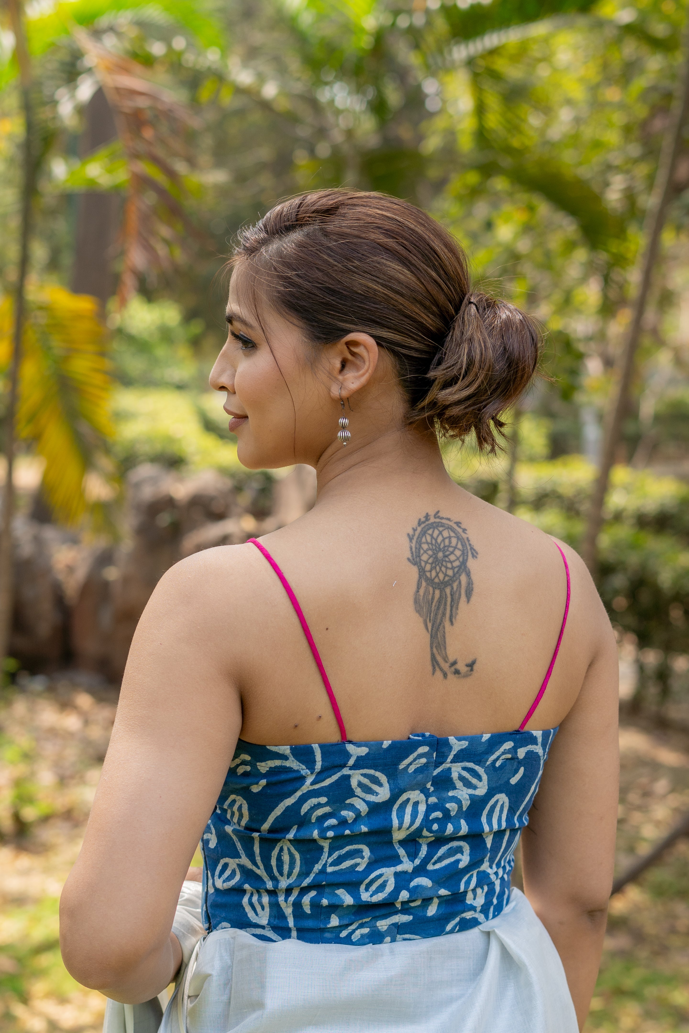 Indigo dabu leaf handblock print sleeveless cotton blouse with fuschia noodle strap