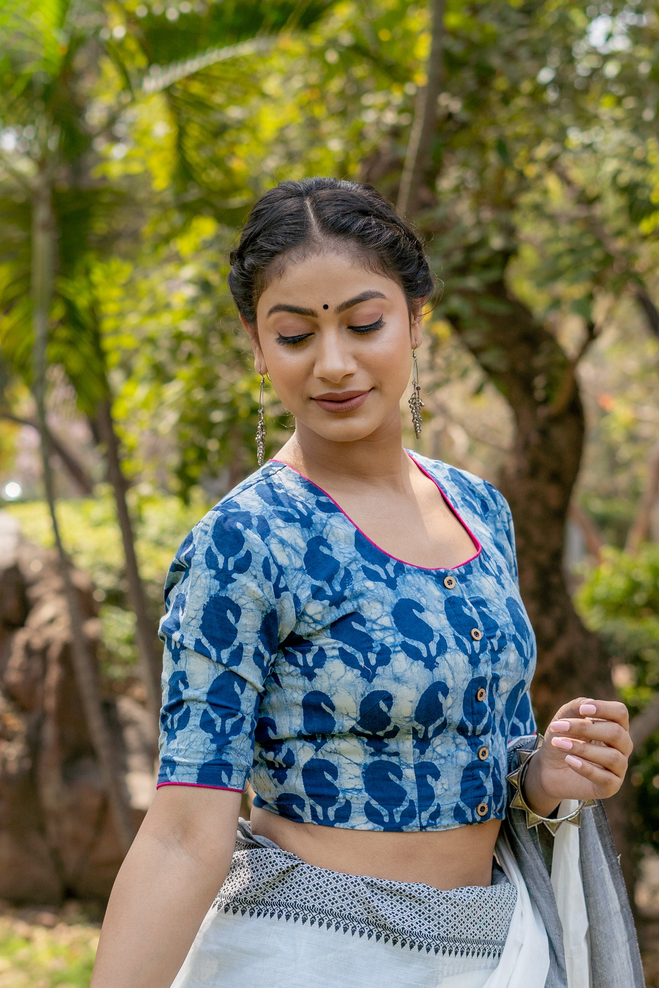 Indigo dabu paisley handblock print round neck cotton blouse with fuschia border