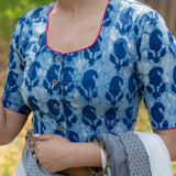 Indigo dabu paisley handblock print round neck cotton blouse with fuschia border