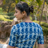 Indigo dabu paisley handblock print round neck cotton blouse with fuschia border