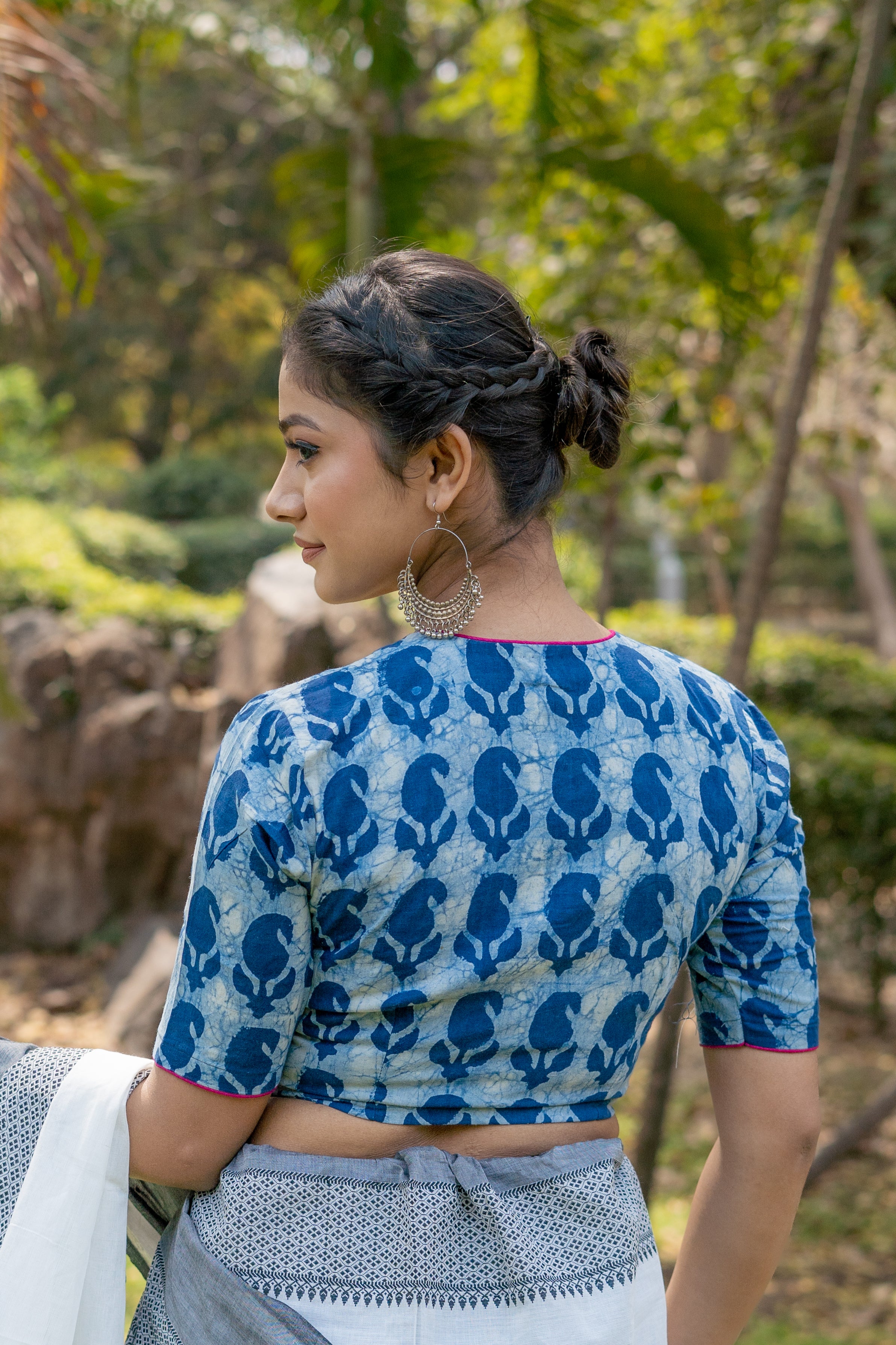 Indigo dabu paisley handblock print round neck cotton blouse with fuschia border