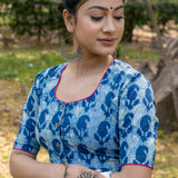 Indigo dabu paisley handblock print round neck cotton blouse with fuschia border