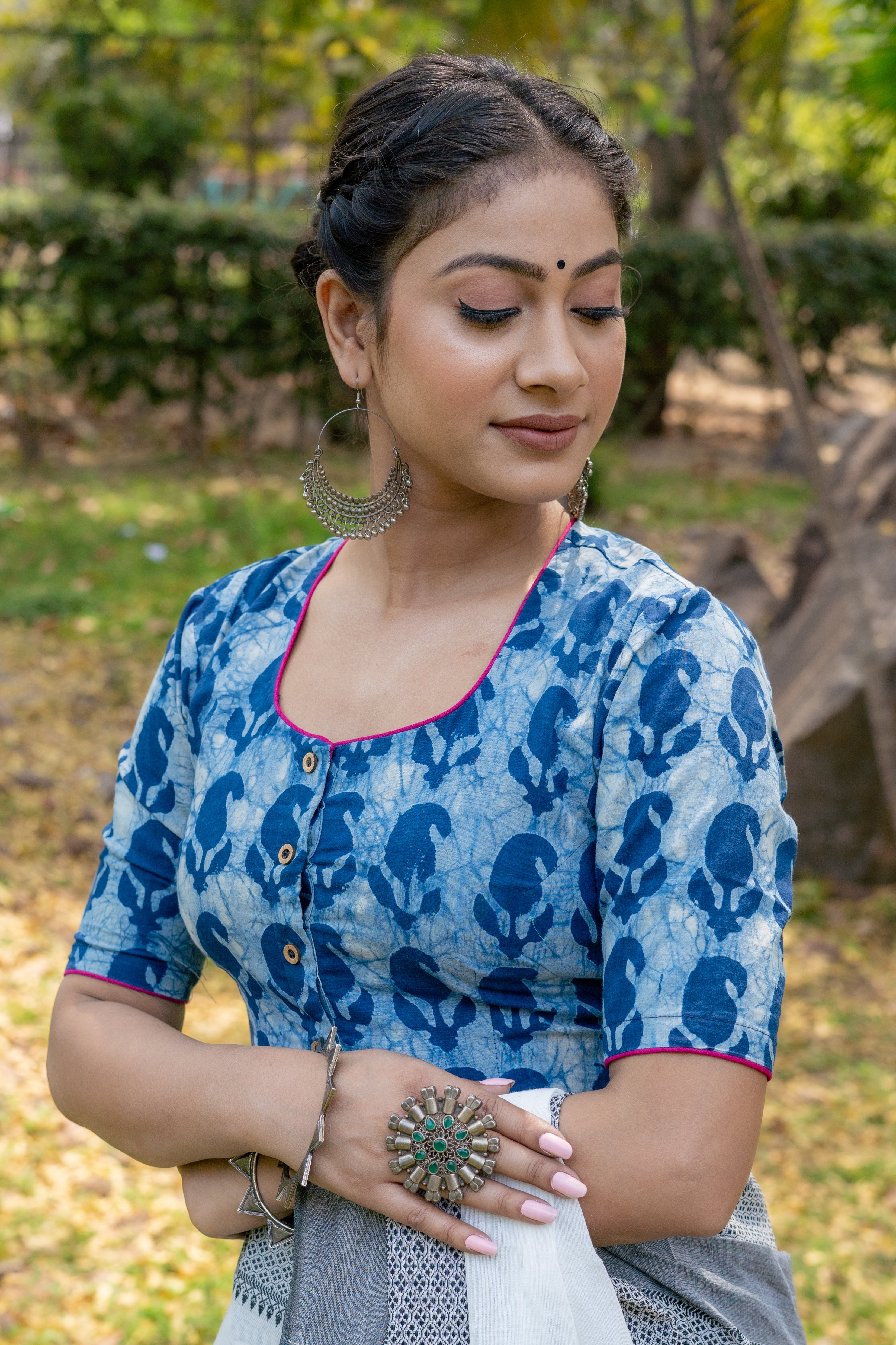 Indigo dabu paisley handblock print round neck cotton blouse with fuschia border
