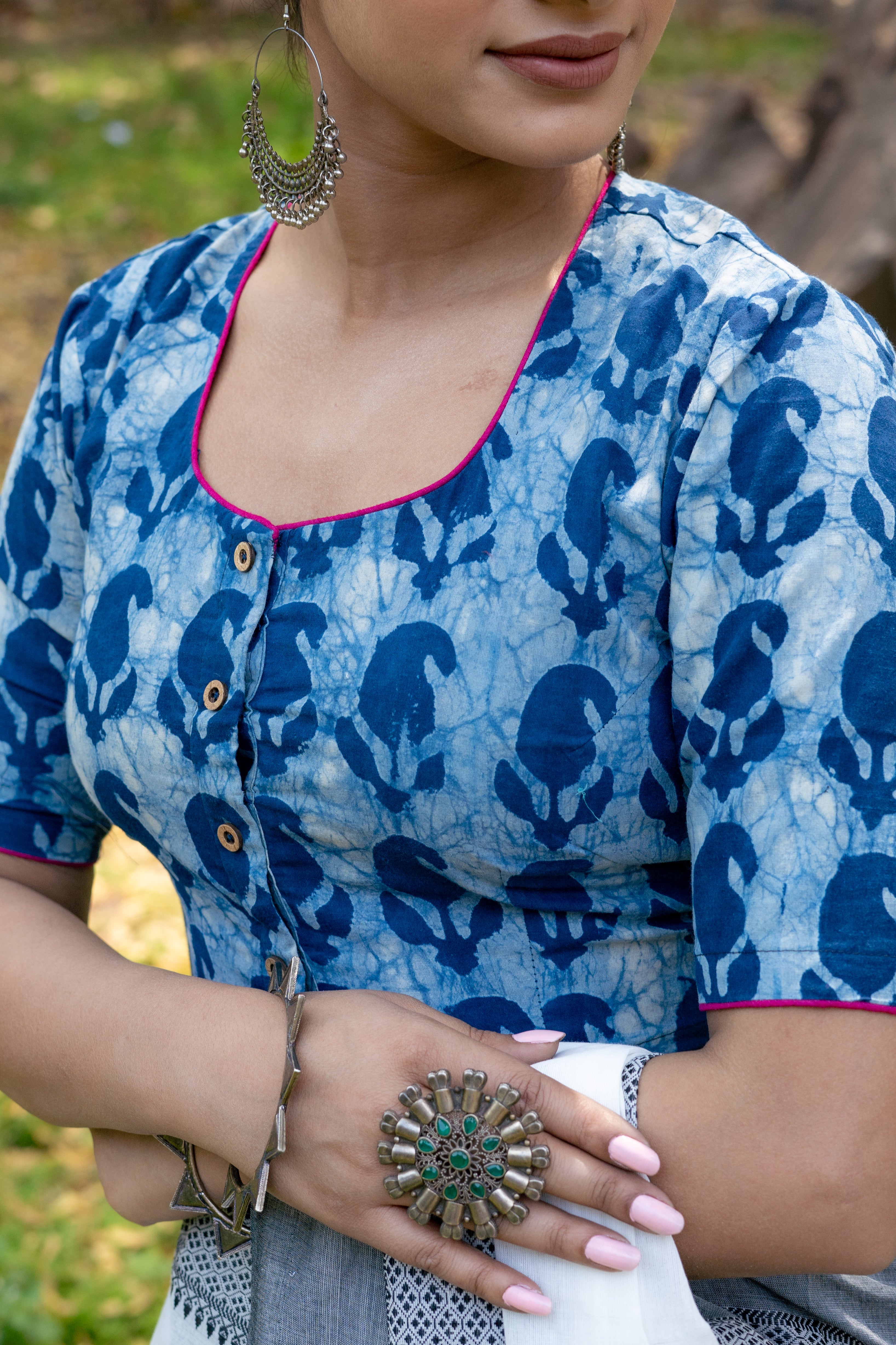 Indigo dabu paisley handblock print round neck cotton blouse with fuschia border
