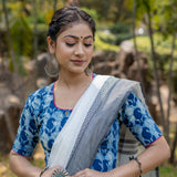 Indigo dabu paisley handblock print round neck cotton blouse with fuschia border