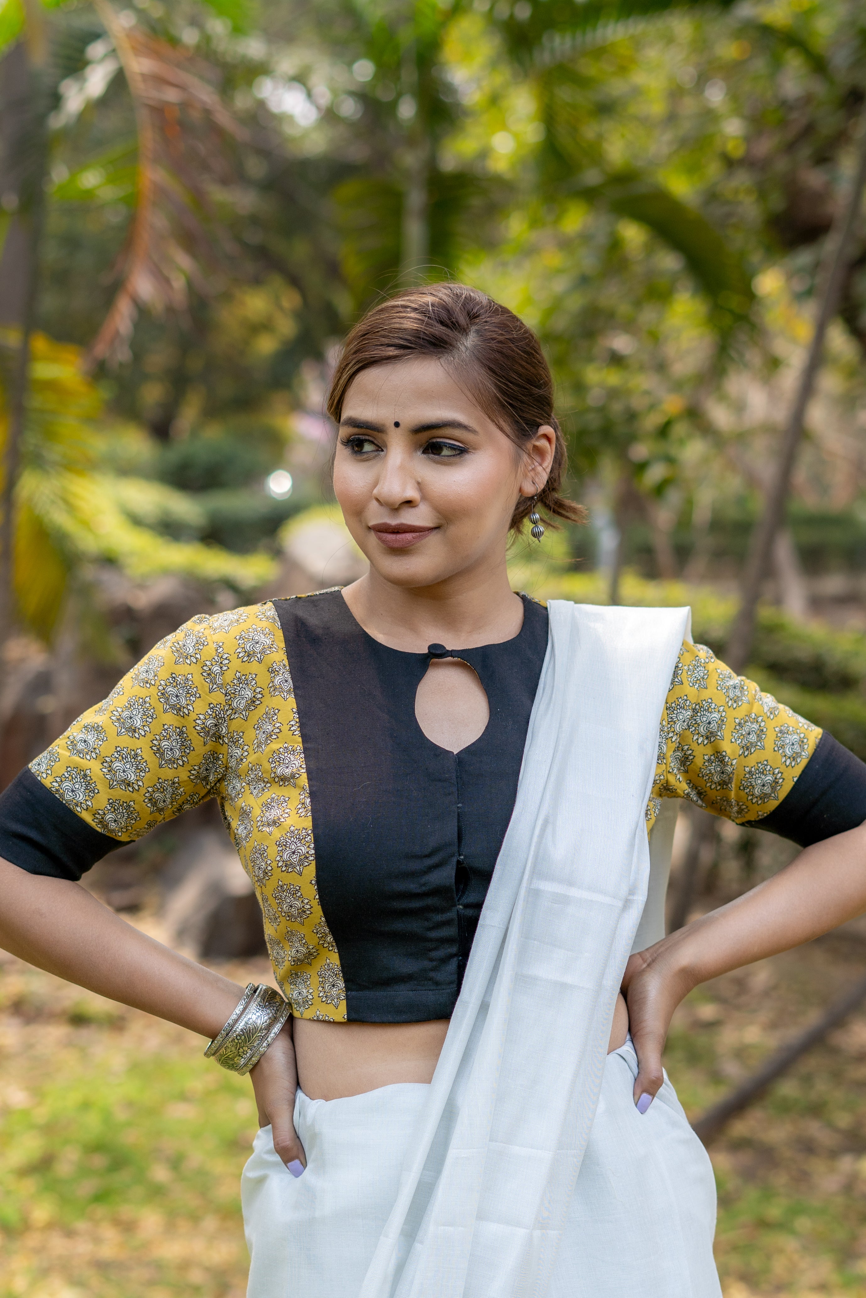 Black mustard booti handblock sleeves round neck keyholed cotton blouse