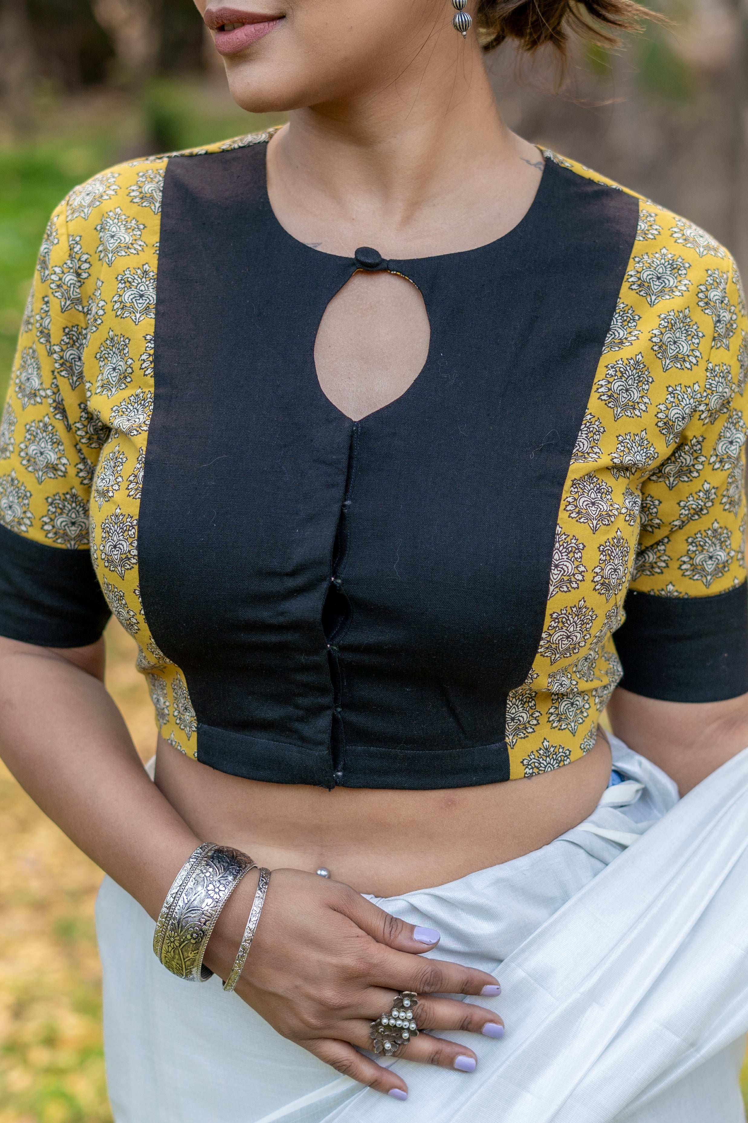 Black mustard booti handblock sleeves round neck keyholed cotton blouse