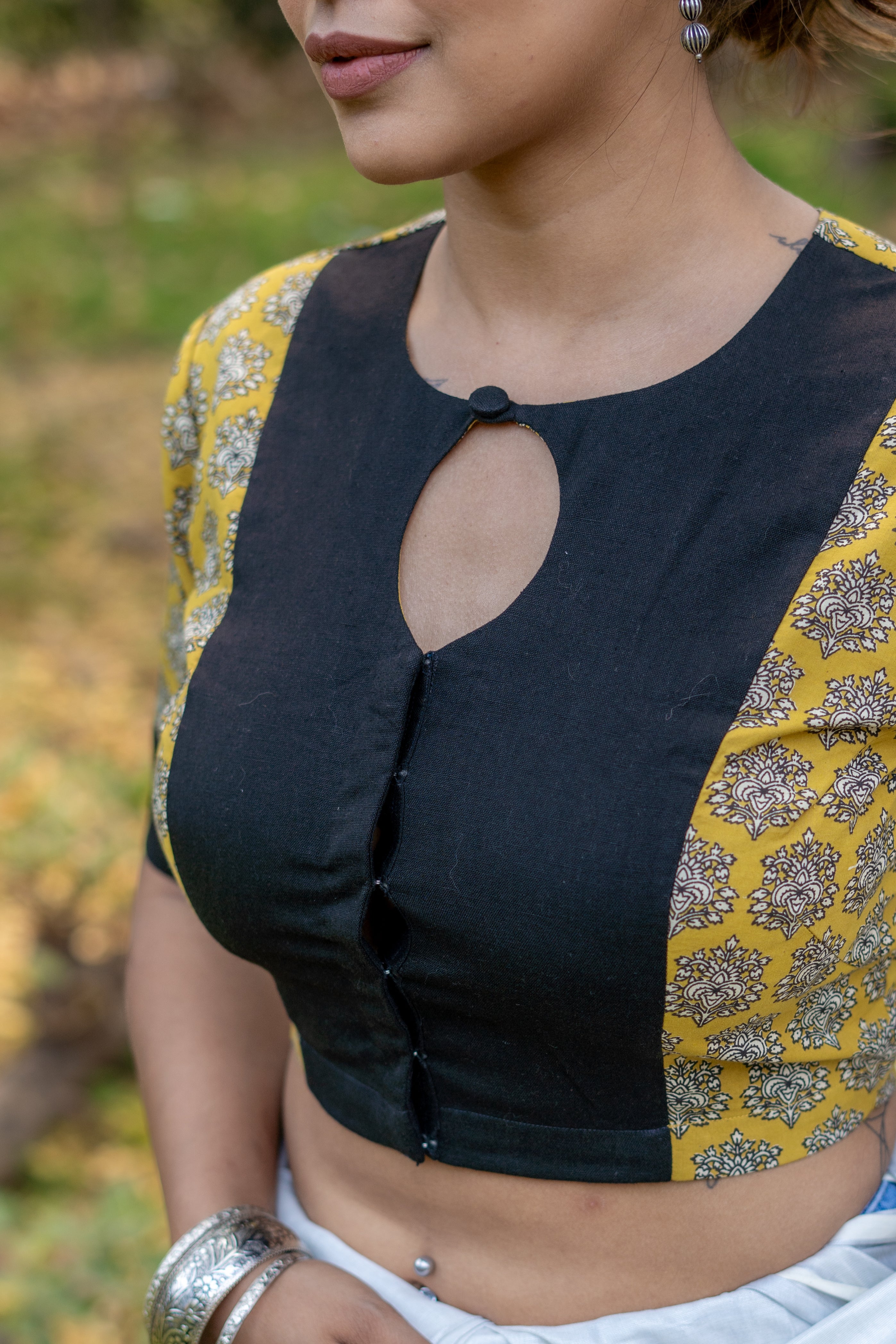 Black mustard booti handblock sleeves round neck keyholed cotton blouse
