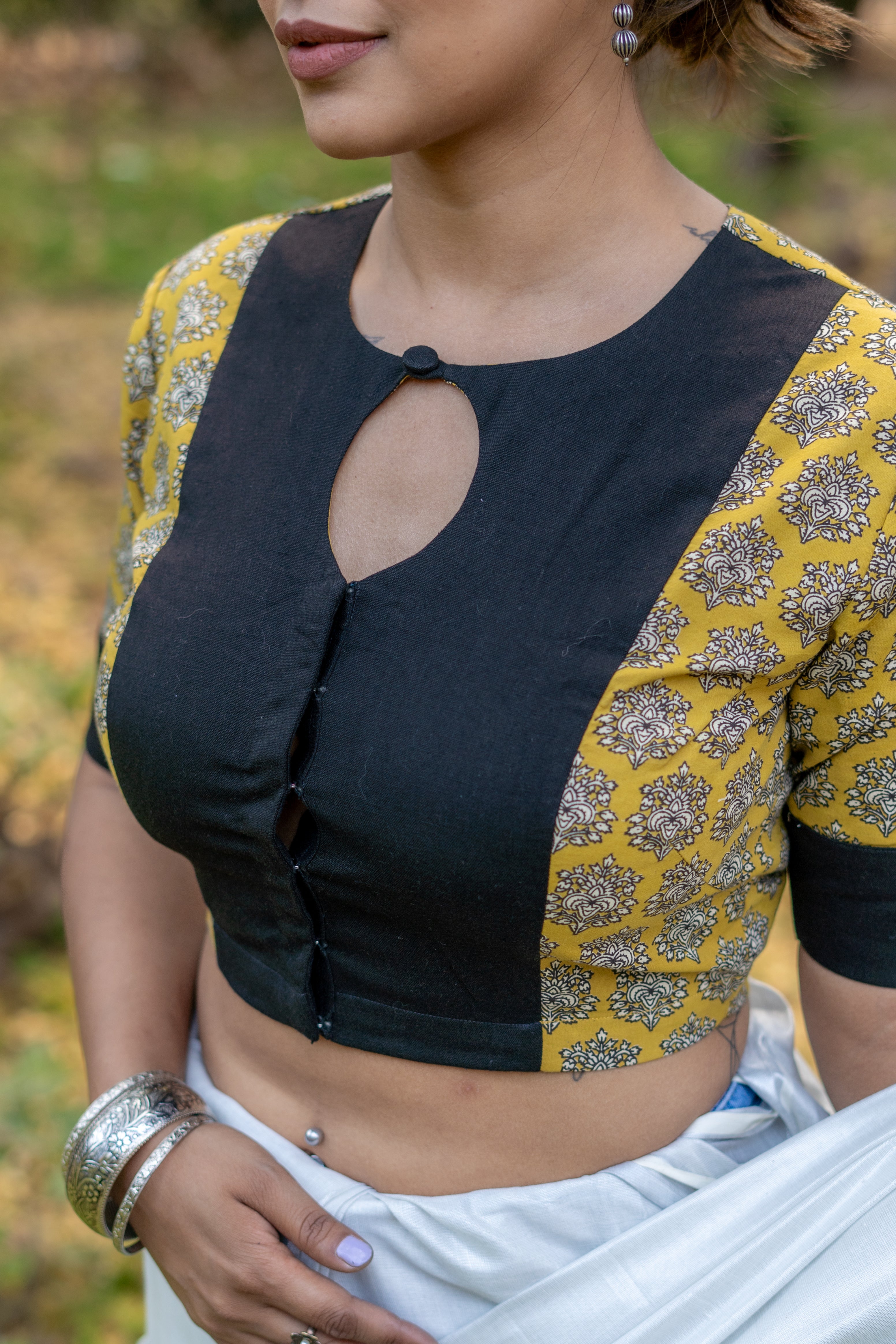 Black mustard booti handblock sleeves round neck keyholed cotton blouse