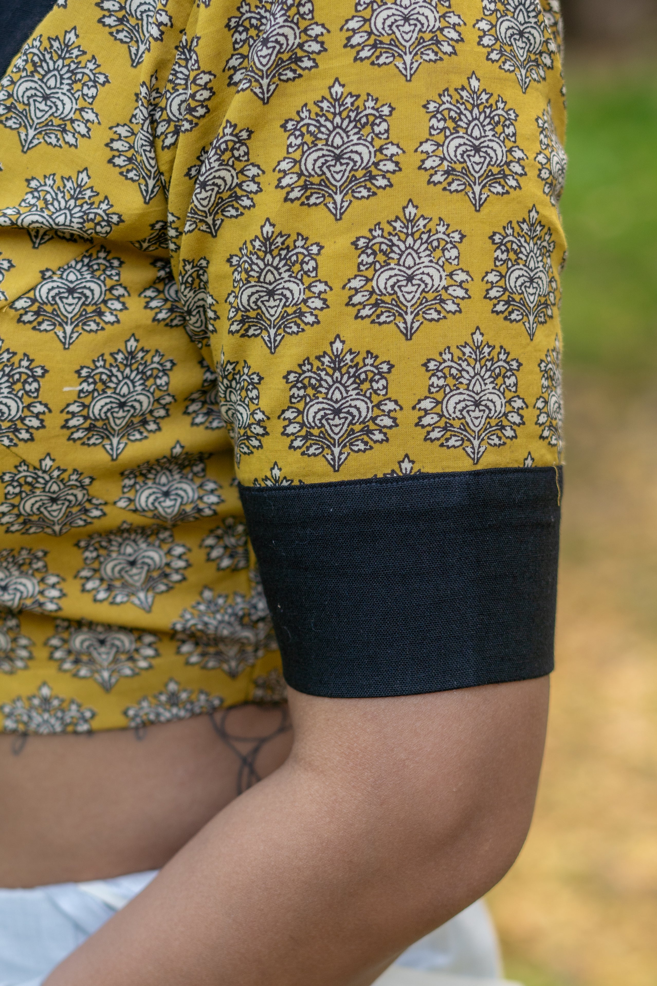 Black mustard booti handblock sleeves round neck keyholed cotton blouse