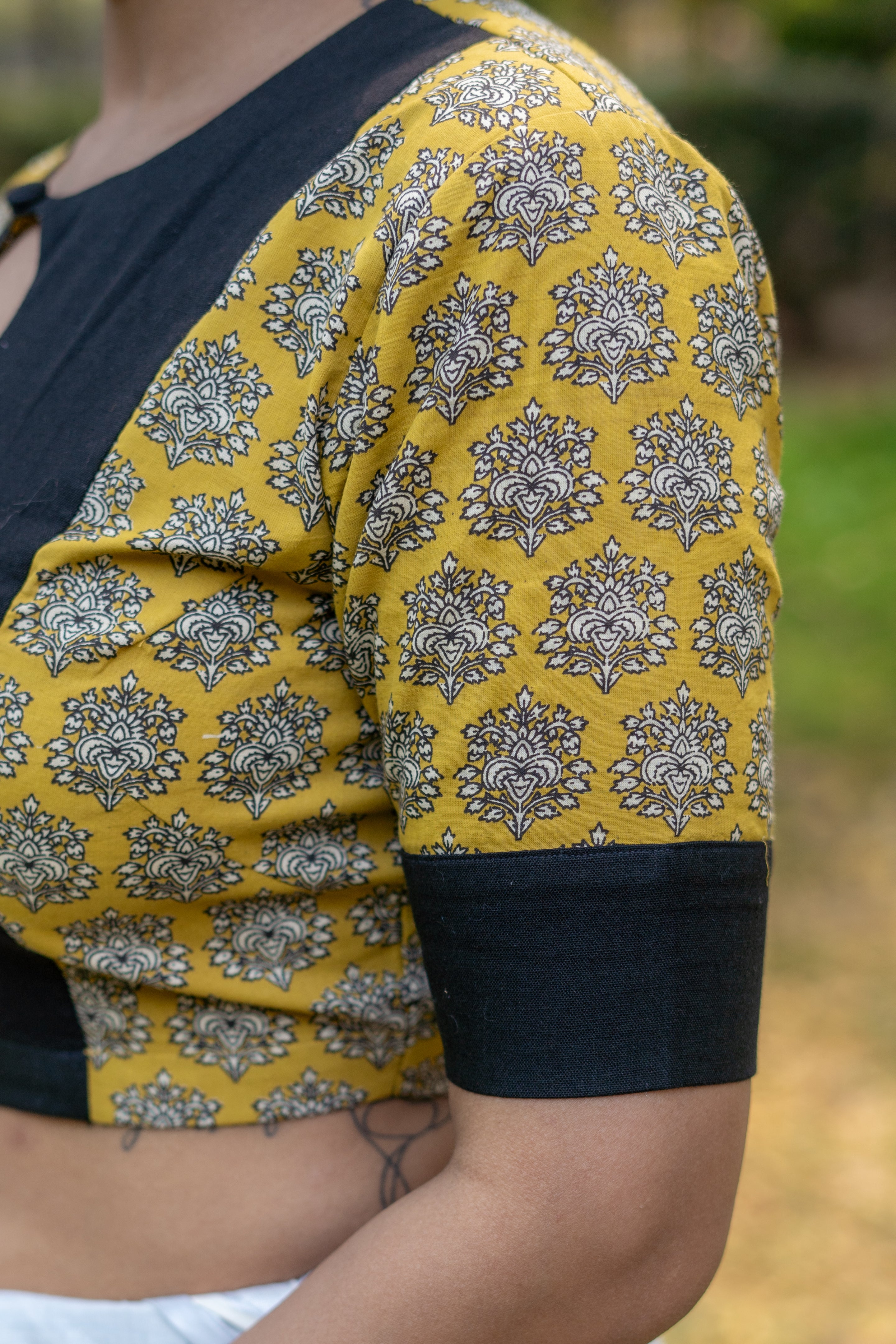 Black mustard booti handblock sleeves round neck keyholed cotton blouse