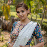 Sea green handblock print round neck keyholed cotton blouse with sleeves