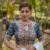 Sea green handblock print round neck keyholed cotton blouse with sleeves